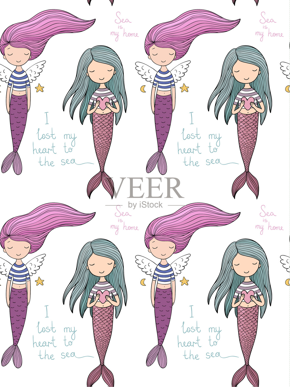 图案与可爱的小美人鱼美人鱼主题插画图片素材