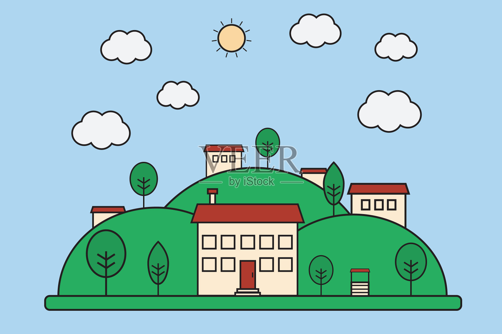 自然村地势平坦，景观带山小插画图片素材