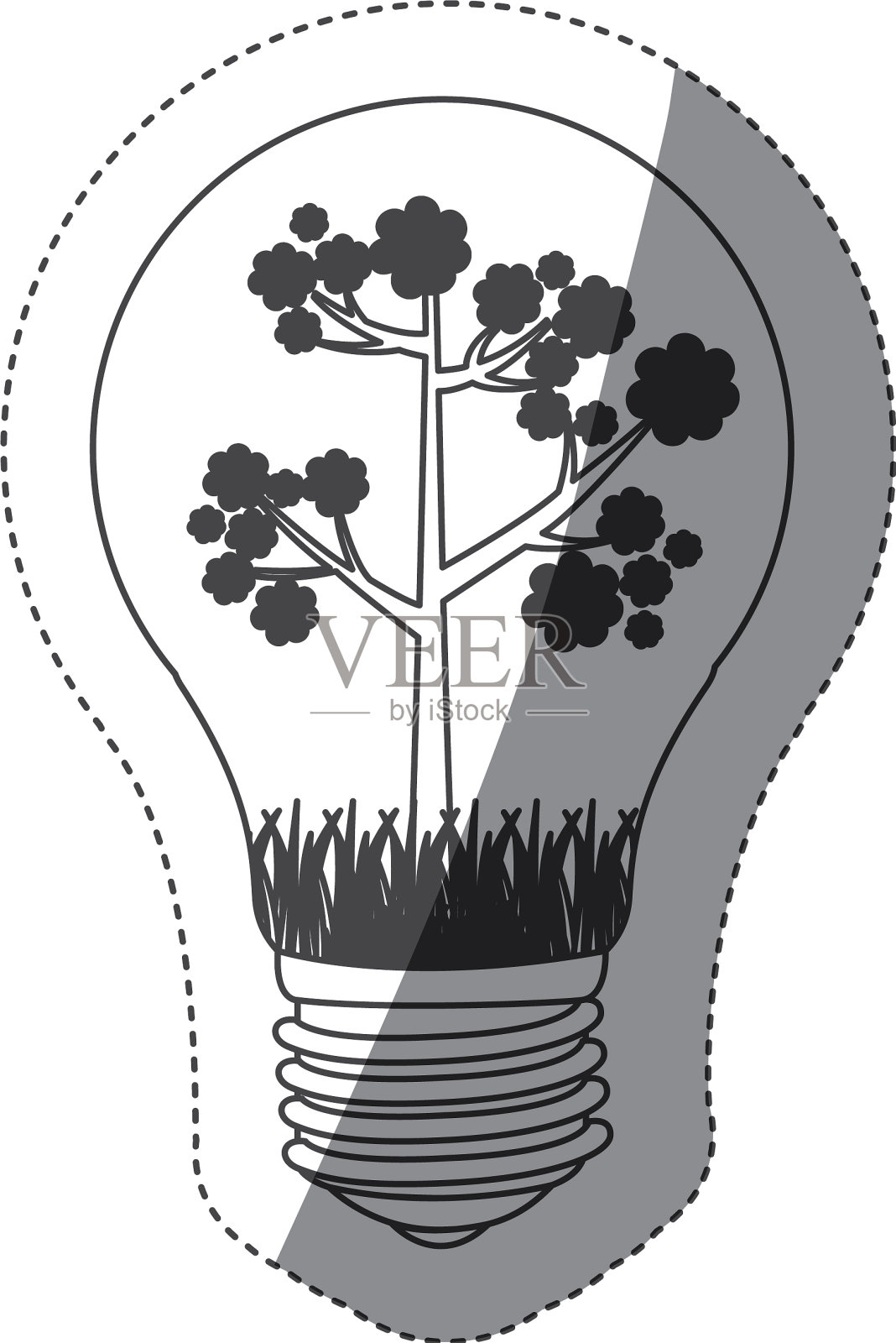 灰度轮廓贴纸与灯泡和插画图片素材