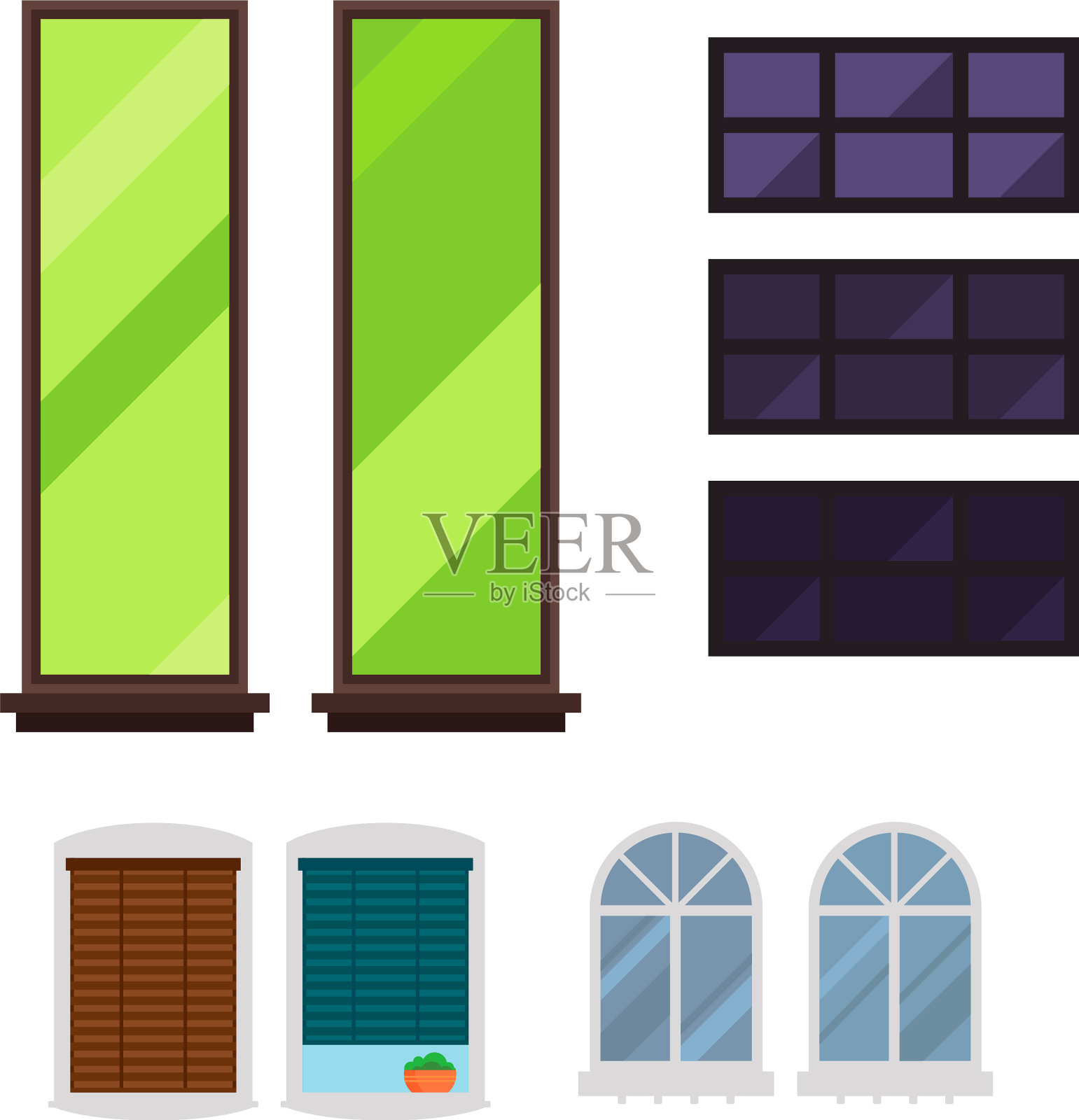 不同类型的房子窗户元素的平面风格插画图片素材