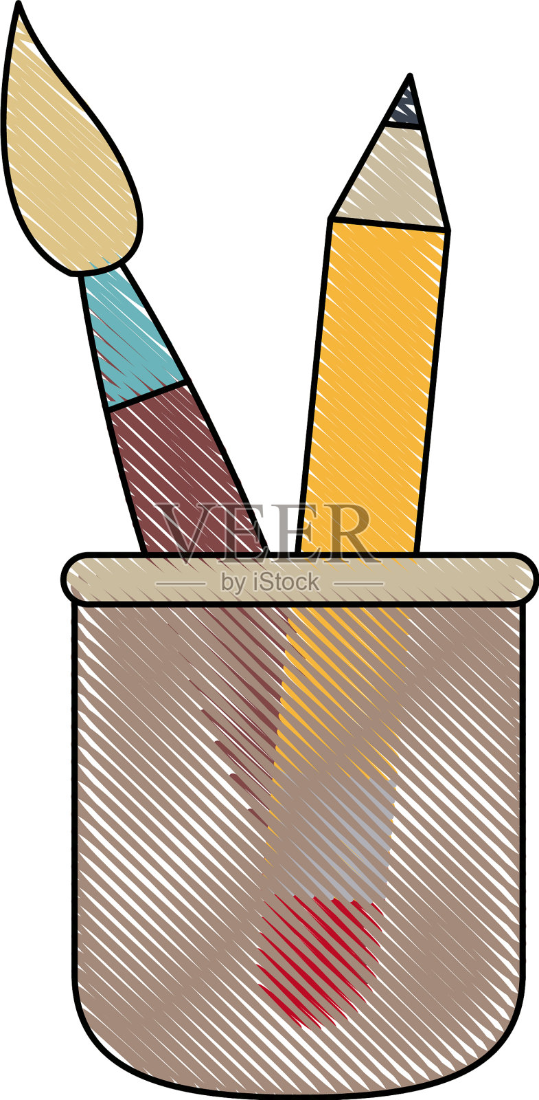 杯子与书写用具，笔刷在平面设计插画图片素材