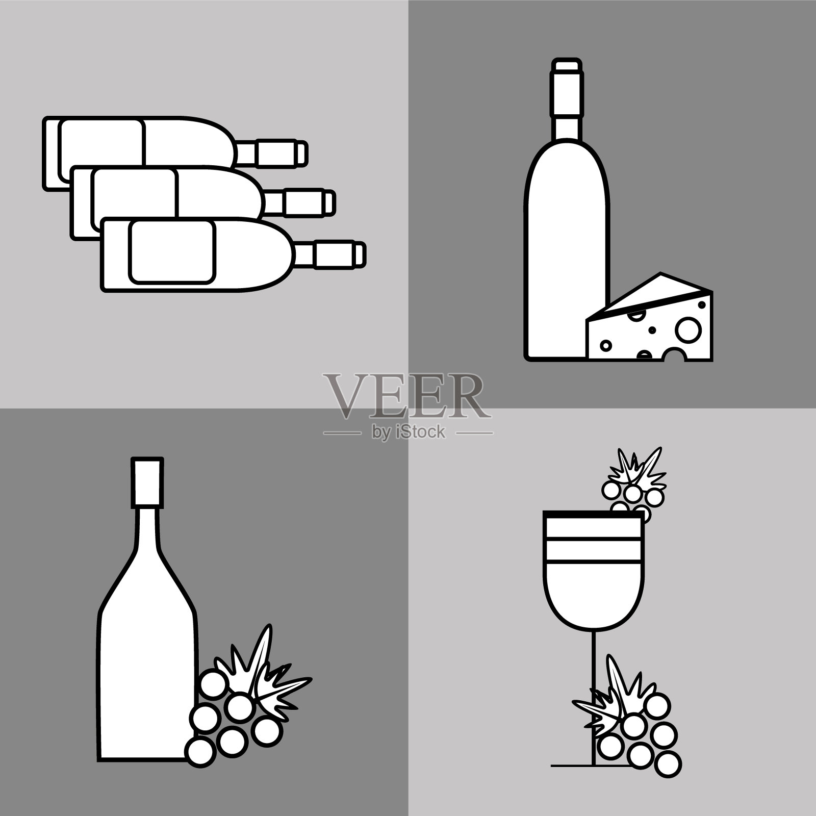 酒杯和酒瓶上放着奶酪和葡萄插画图片素材