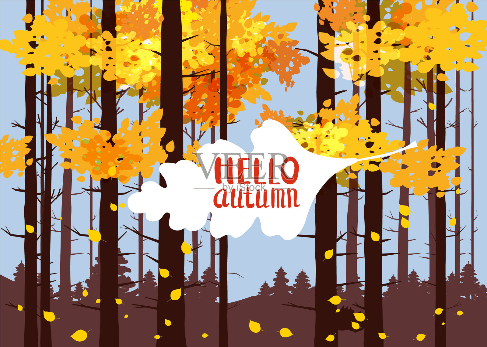 你好秋，字落在一片秋叶上插画图片素材