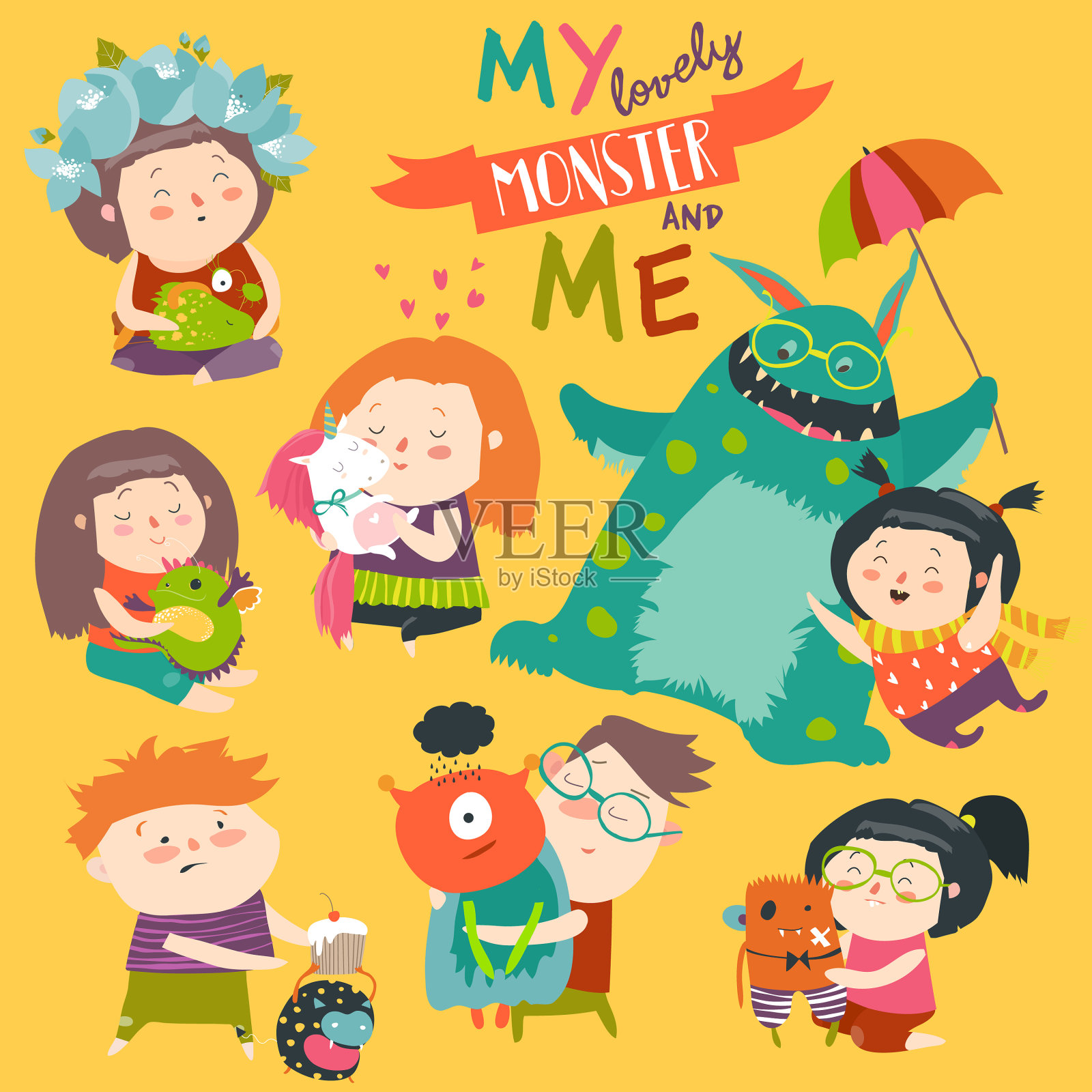 快乐的孩子和他们的怪物宠物插画图片素材