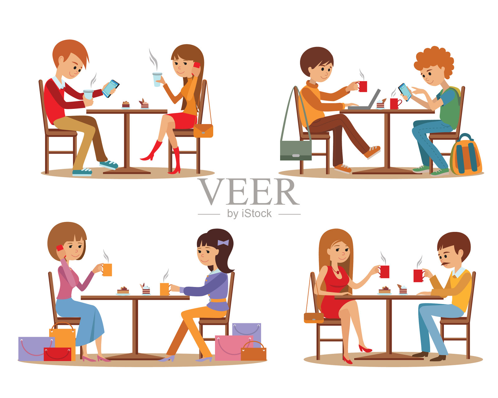 一群朋友在咖啡馆里聊天插画图片素材