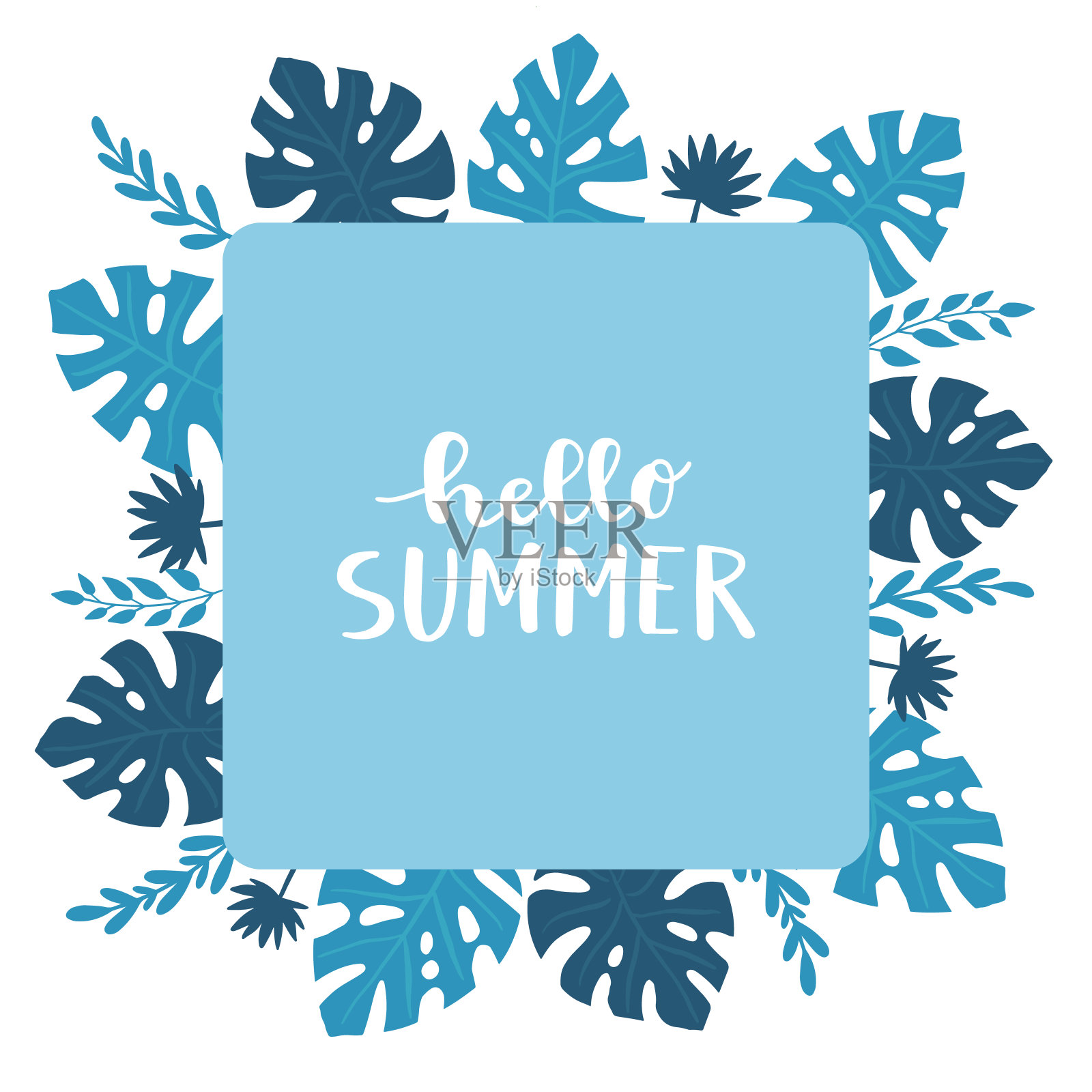 用热带奇异的树叶为你的文本设计框架。你好,夏天刻字。夏威夷风格。插画图片素材