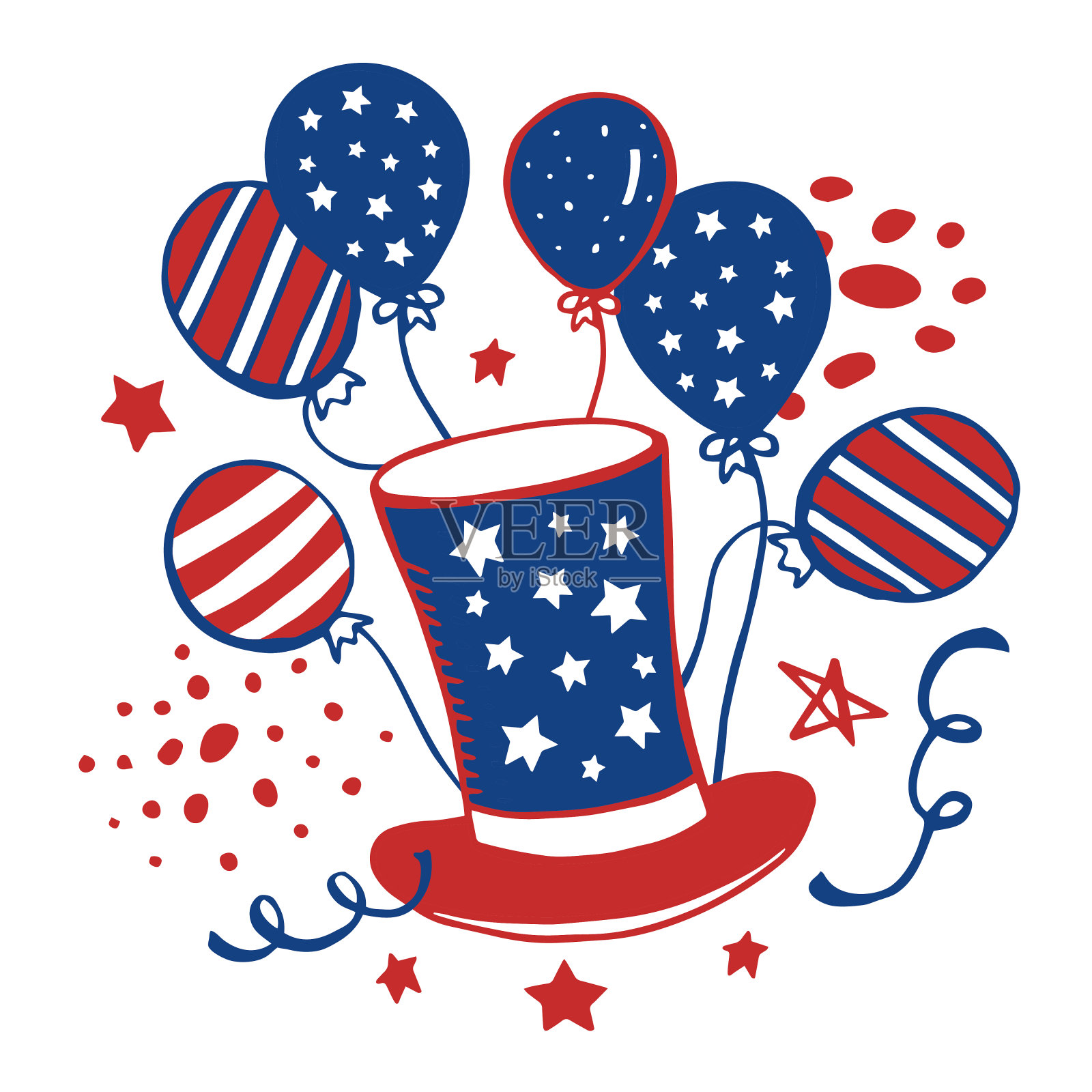 美国独立日的概念。高顶礼帽和国旗颜色的气球插画图片素材
