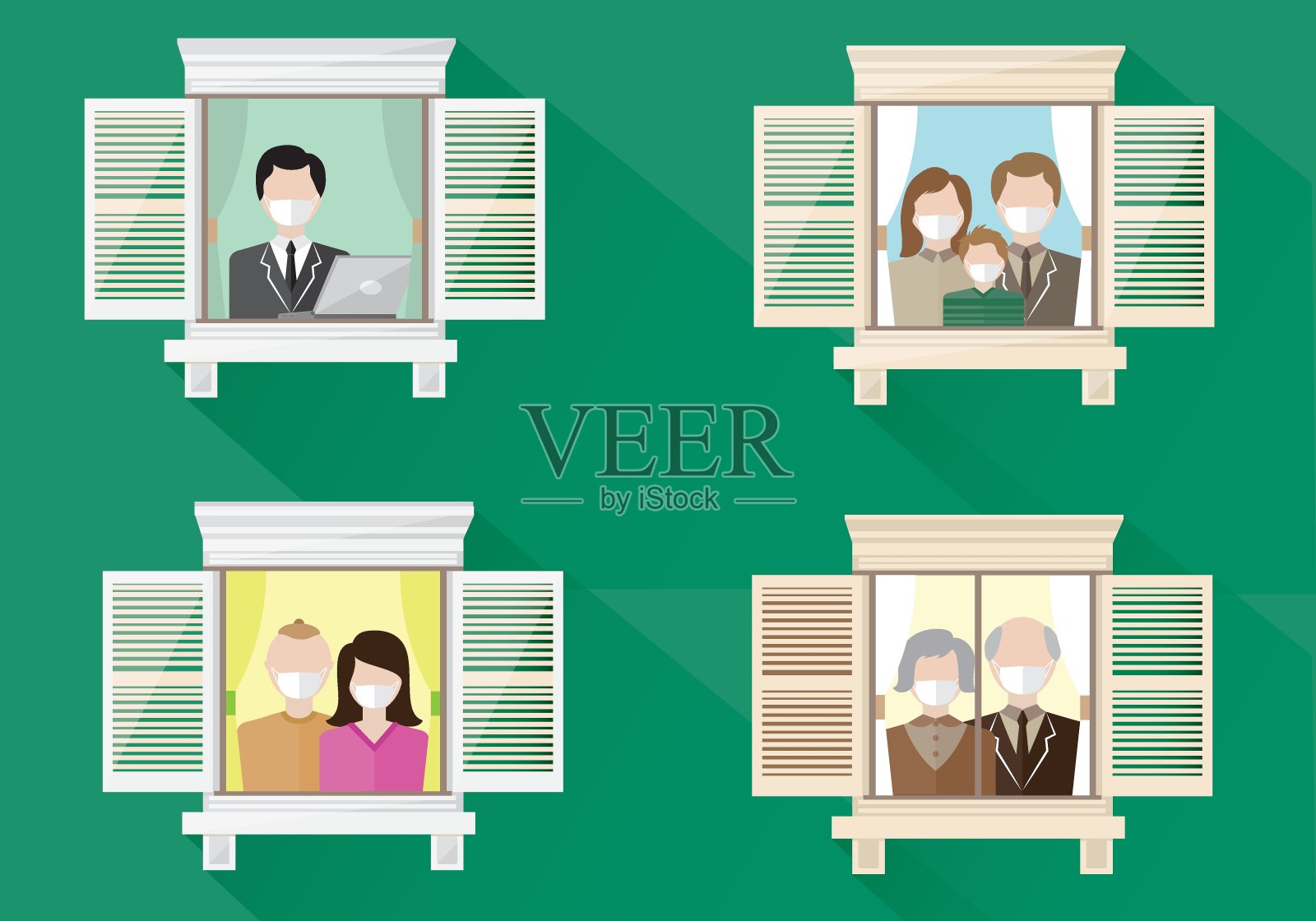 人们看着窗外。居家隔离和病毒防护。待在家里，Covid-19, nCov。插画图片素材