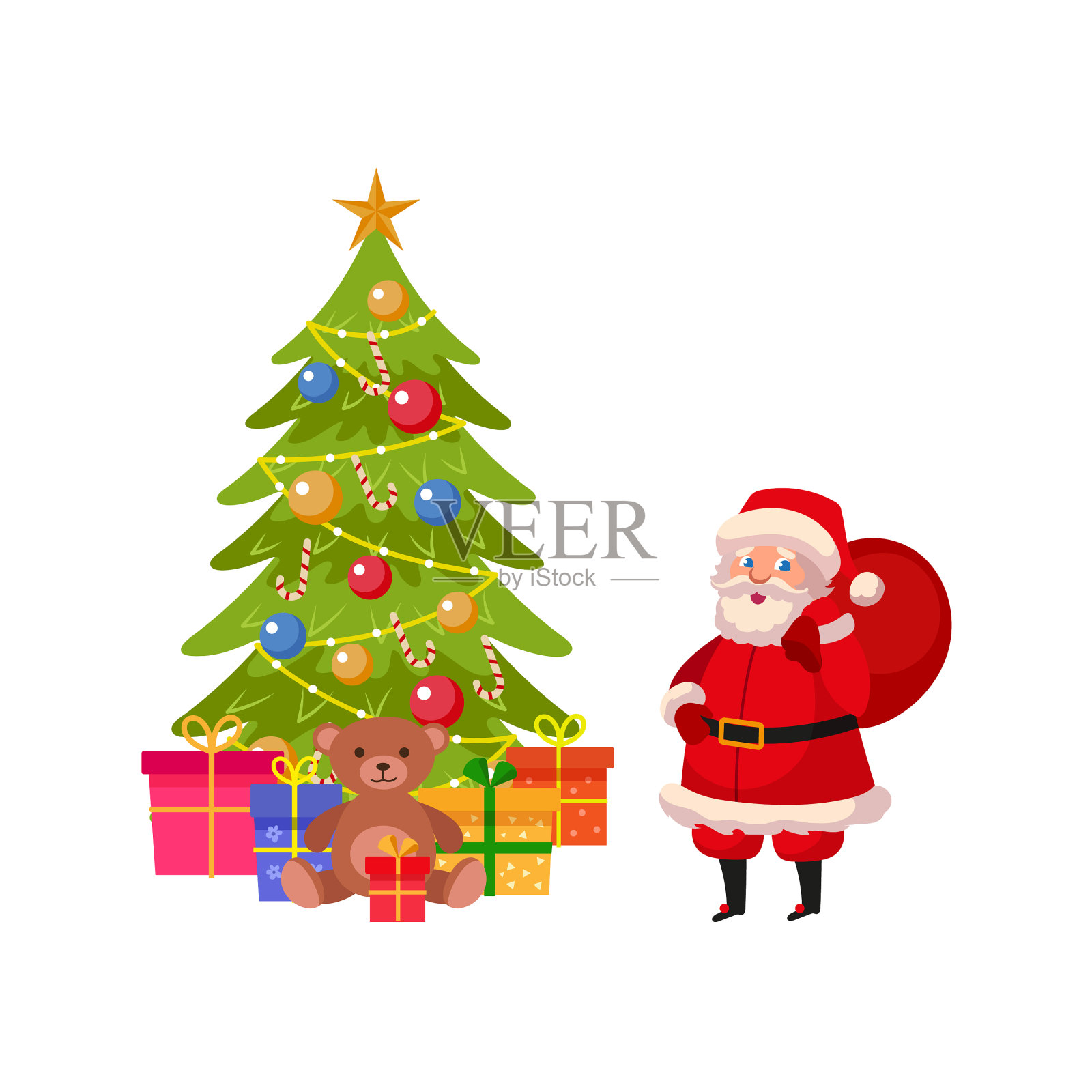 有趣的圣诞老人和有许多礼物的圣诞树设计元素图片