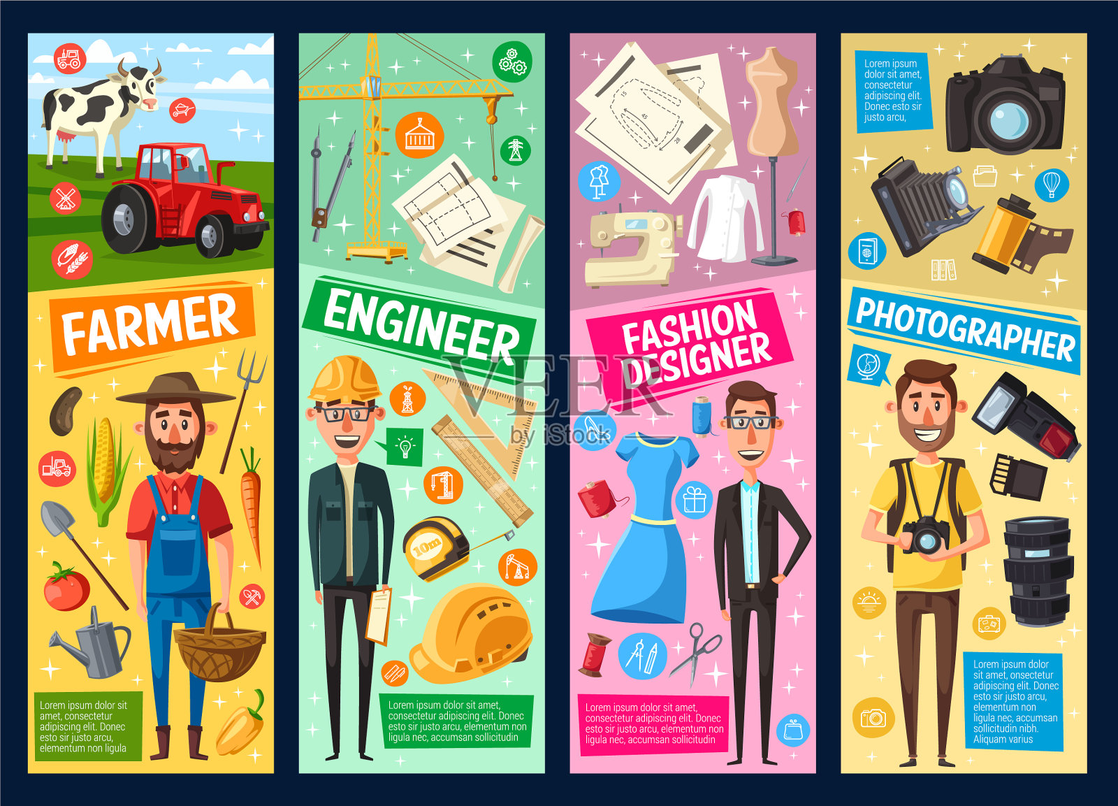 工程师、摄影师、农民、裁缝等职业插画图片素材