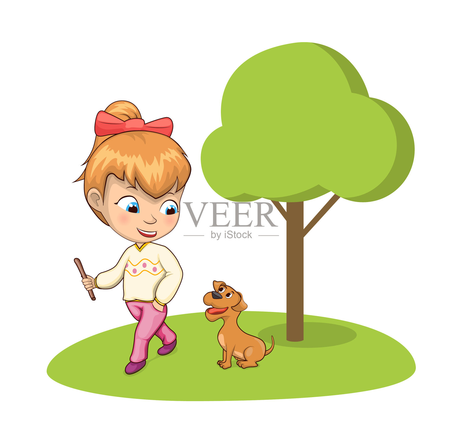 小女孩和可爱的狗在公园散步设计元素图片