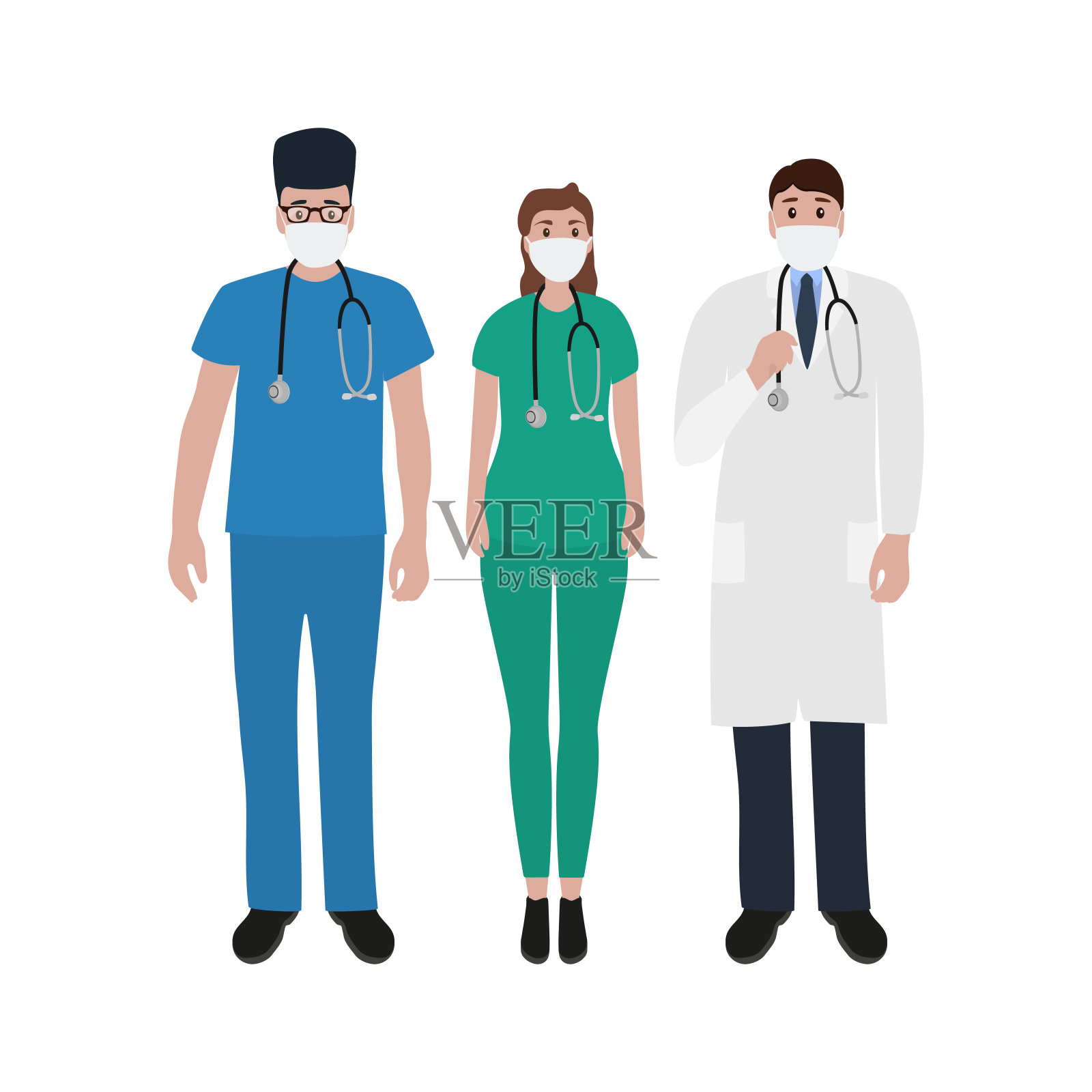 在医院里用听诊器的年轻男女医生。卡通平面，矢量插图插画图片素材