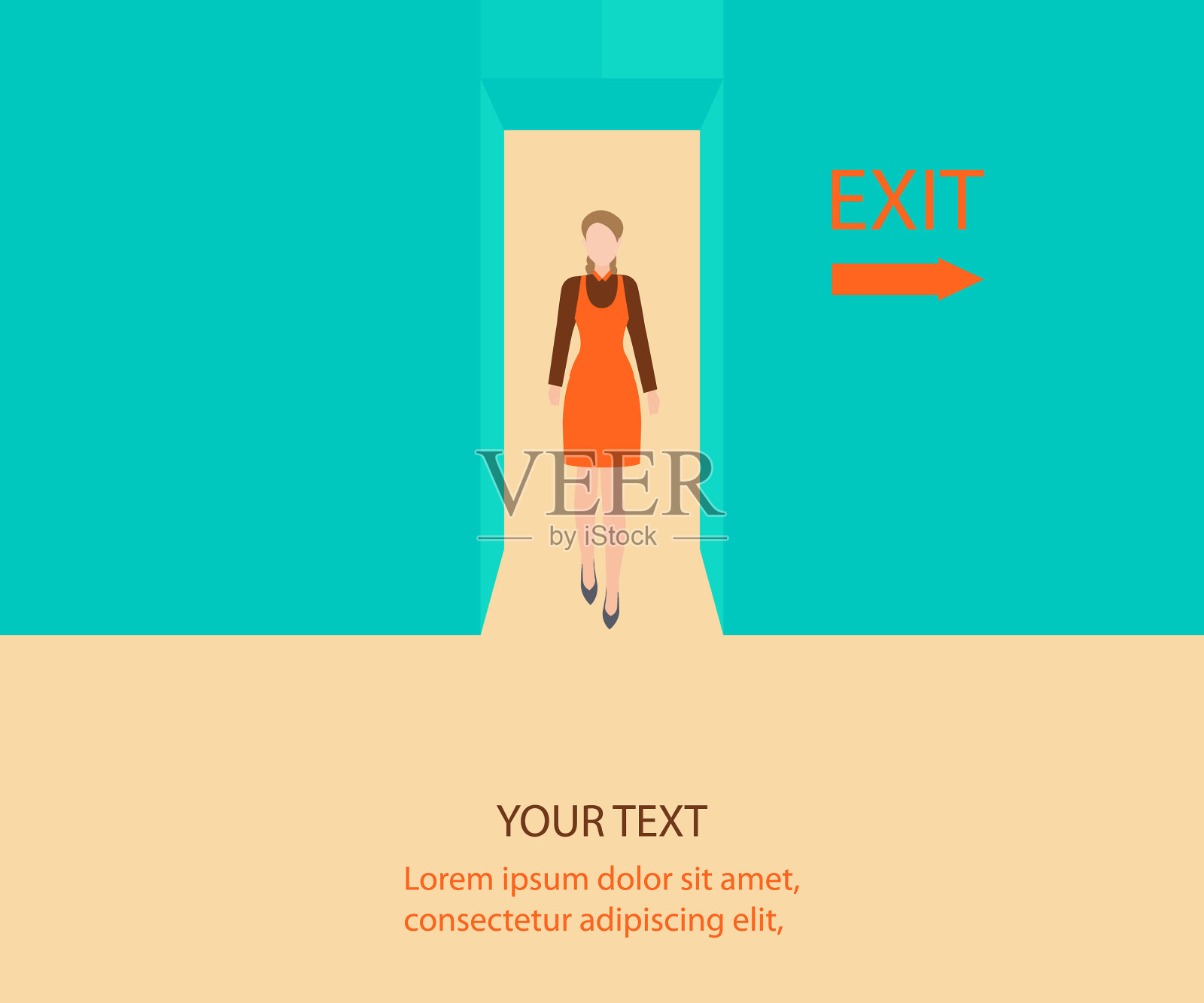 一位女商人走过一扇有出口标志的门插画图片素材