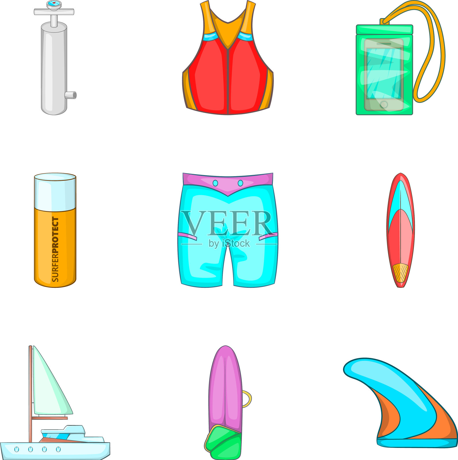 水上运动活动图标设置卡通风格图标素材