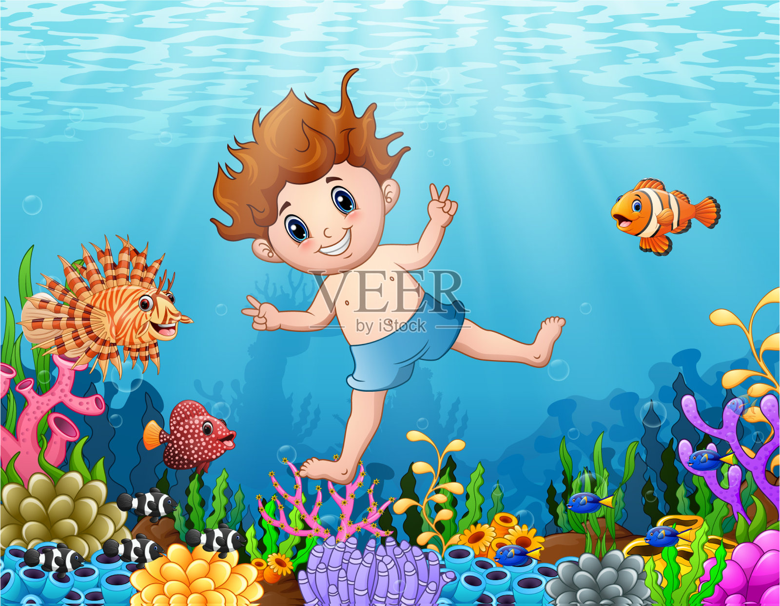 小男孩在海里潜水插画图片素材