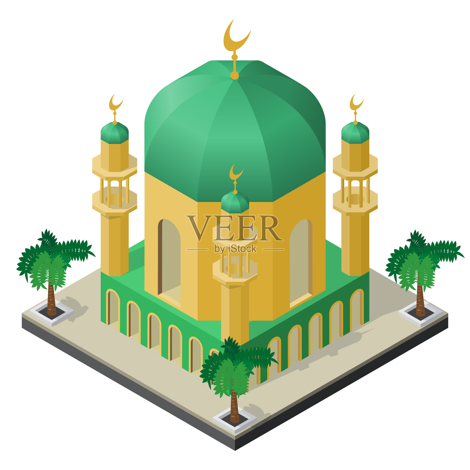 清真寺的尖塔和棕榈树在等距设计元素图片