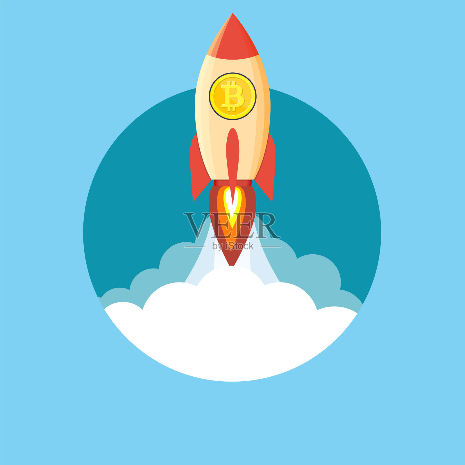 带着比特币图标的火箭飞过云层插画图片素材