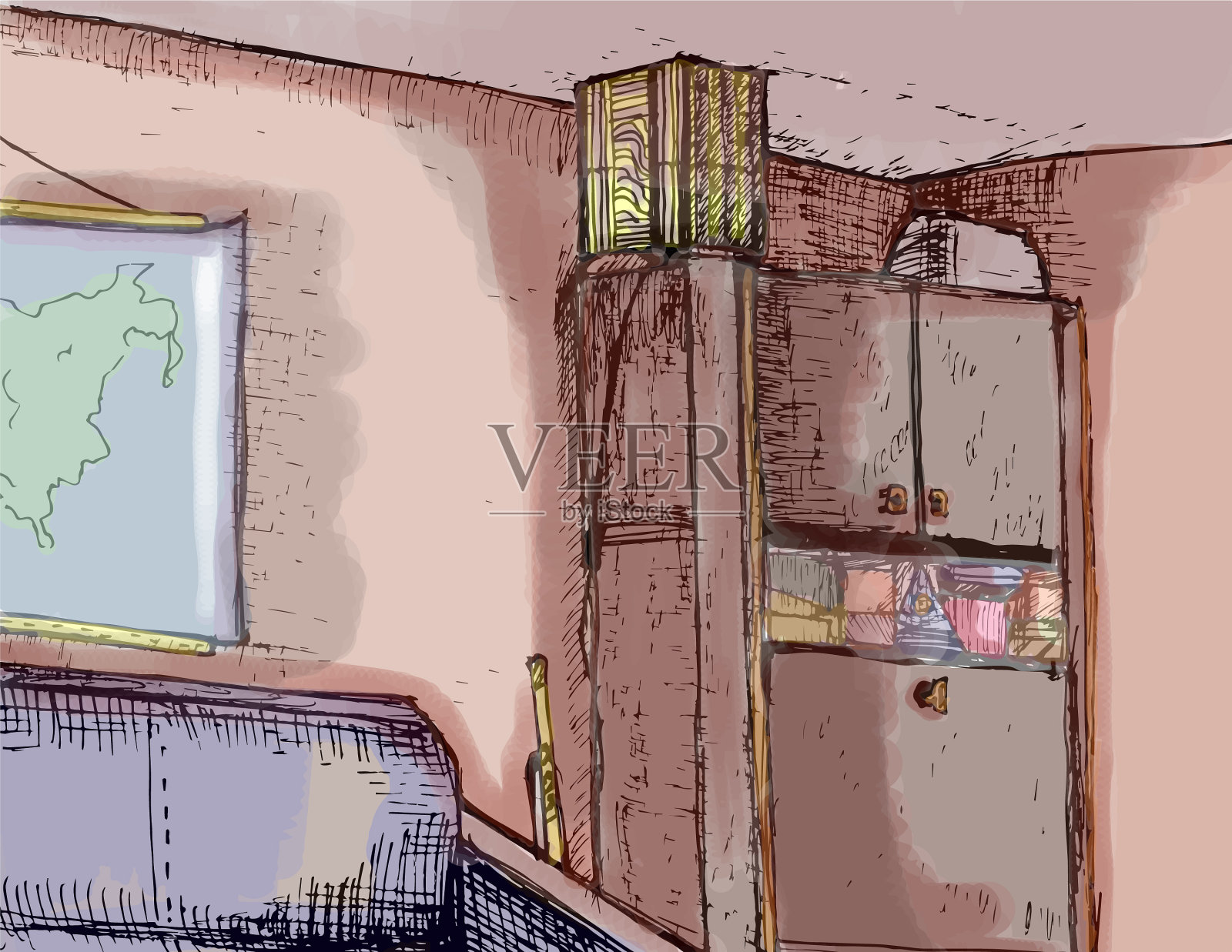 手绘橱柜内部插画图片素材