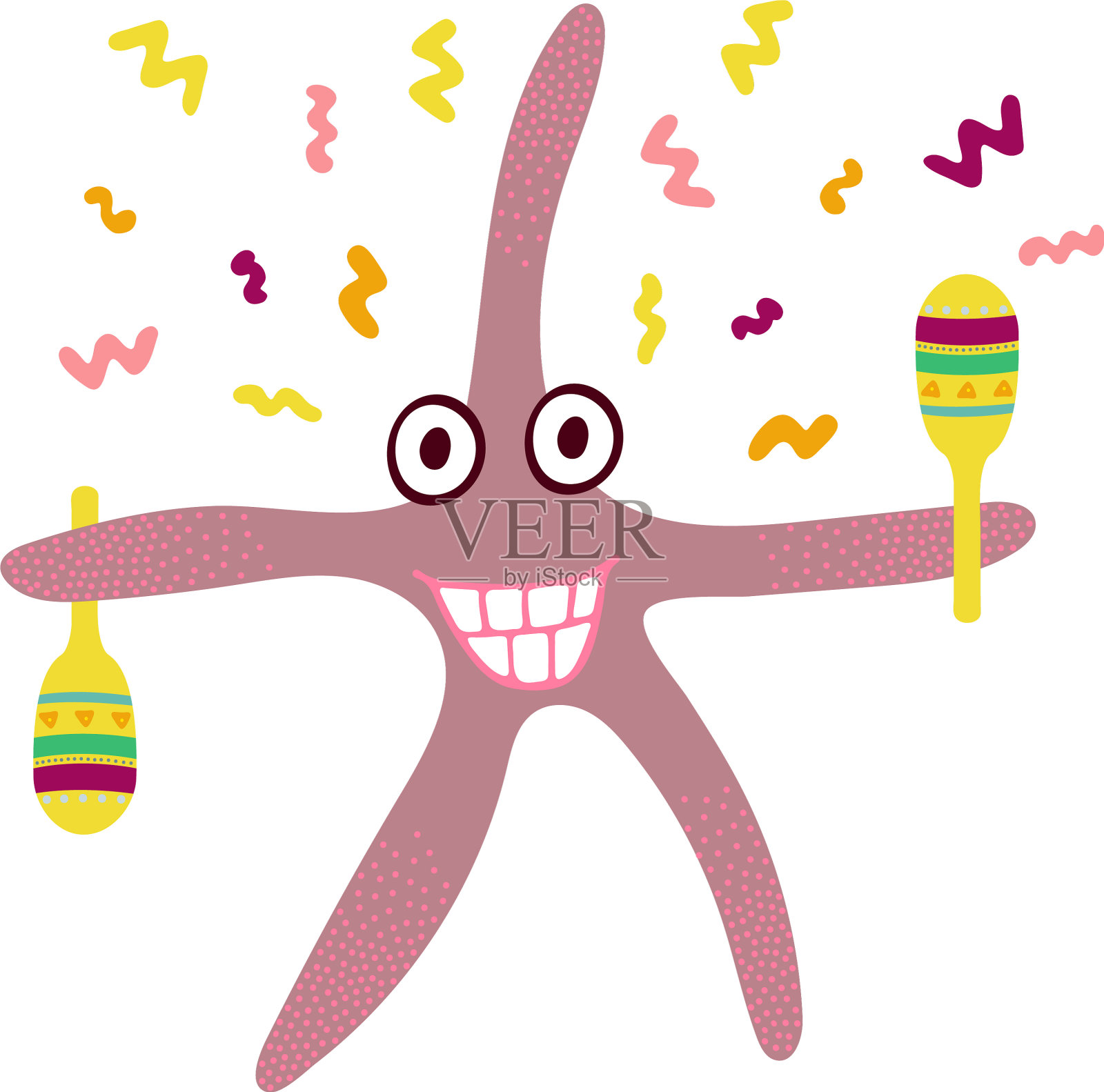 可笑的手绘海星和沙球设计元素图片