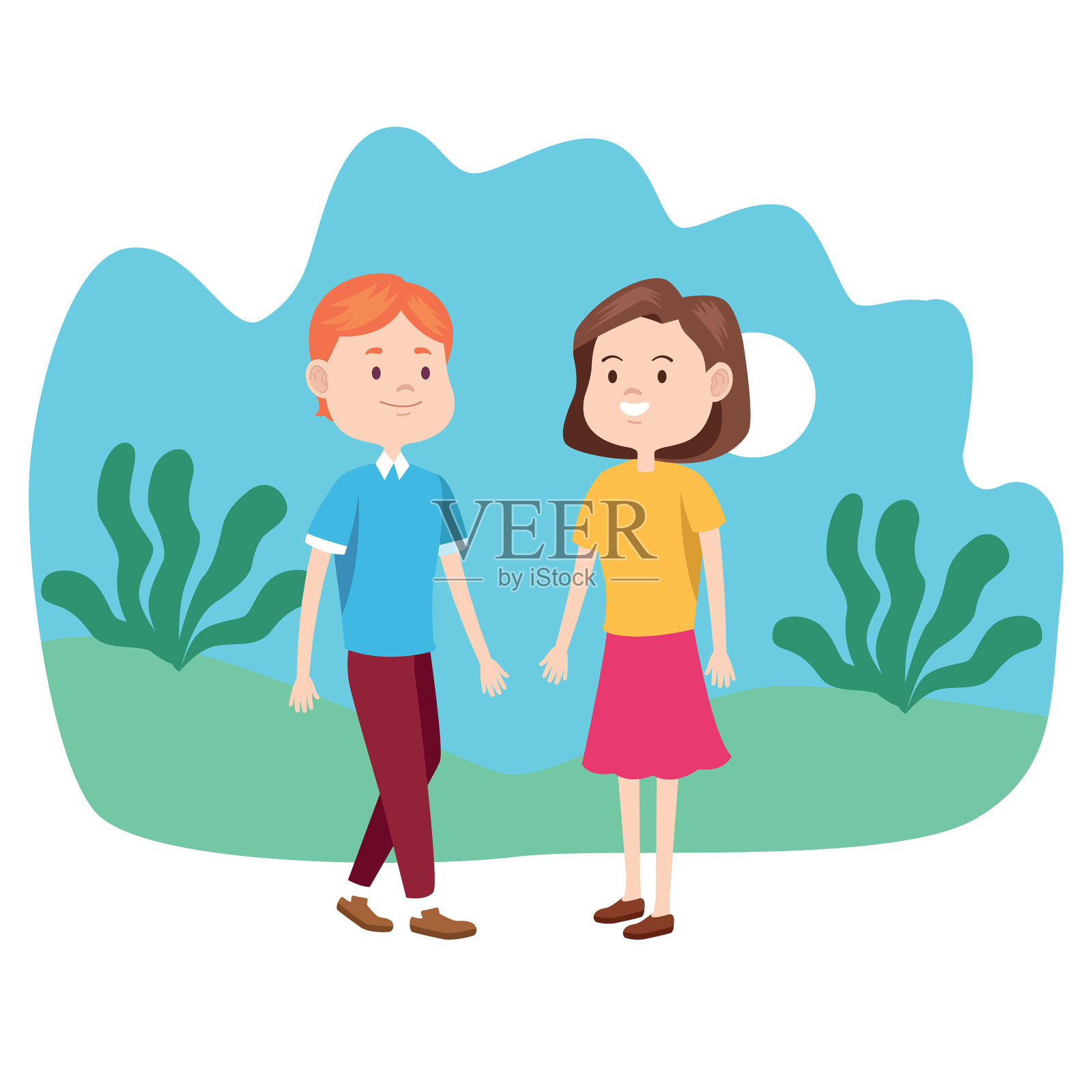 年轻夫妇在户外微笑插画图片素材