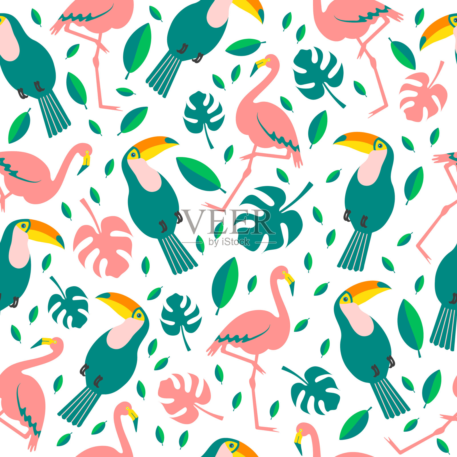 热带鸟类和花卉无缝背景插画图片素材