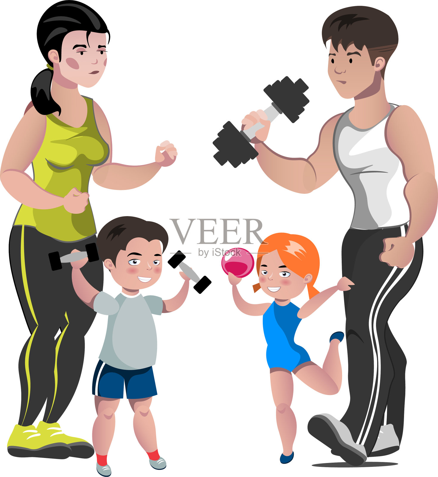 爸爸妈妈儿子和女儿过着健康的生活插画图片素材