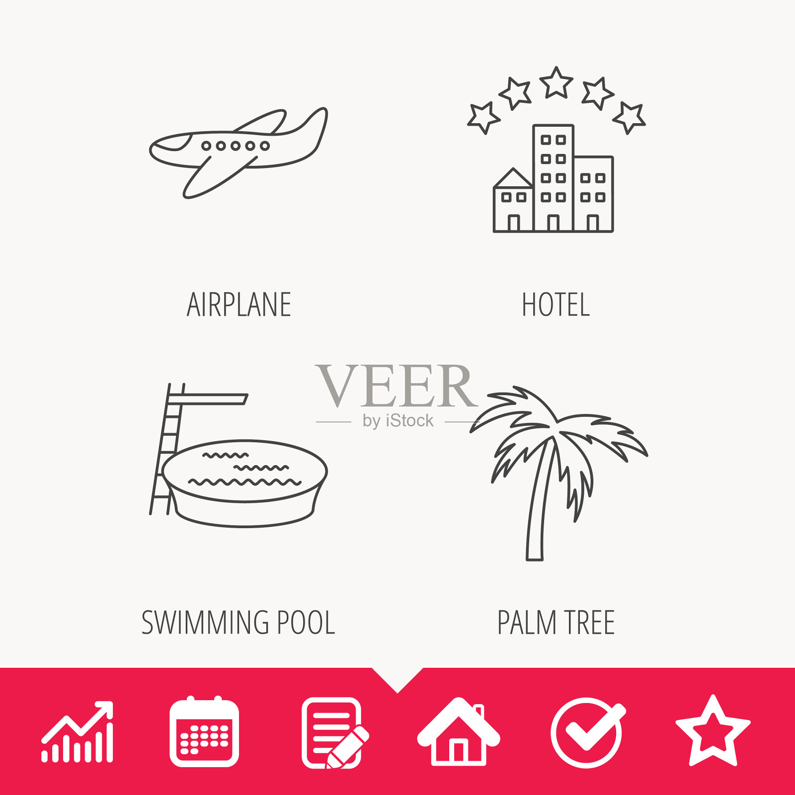 游泳池飞机和棕榈树的图标图标素材