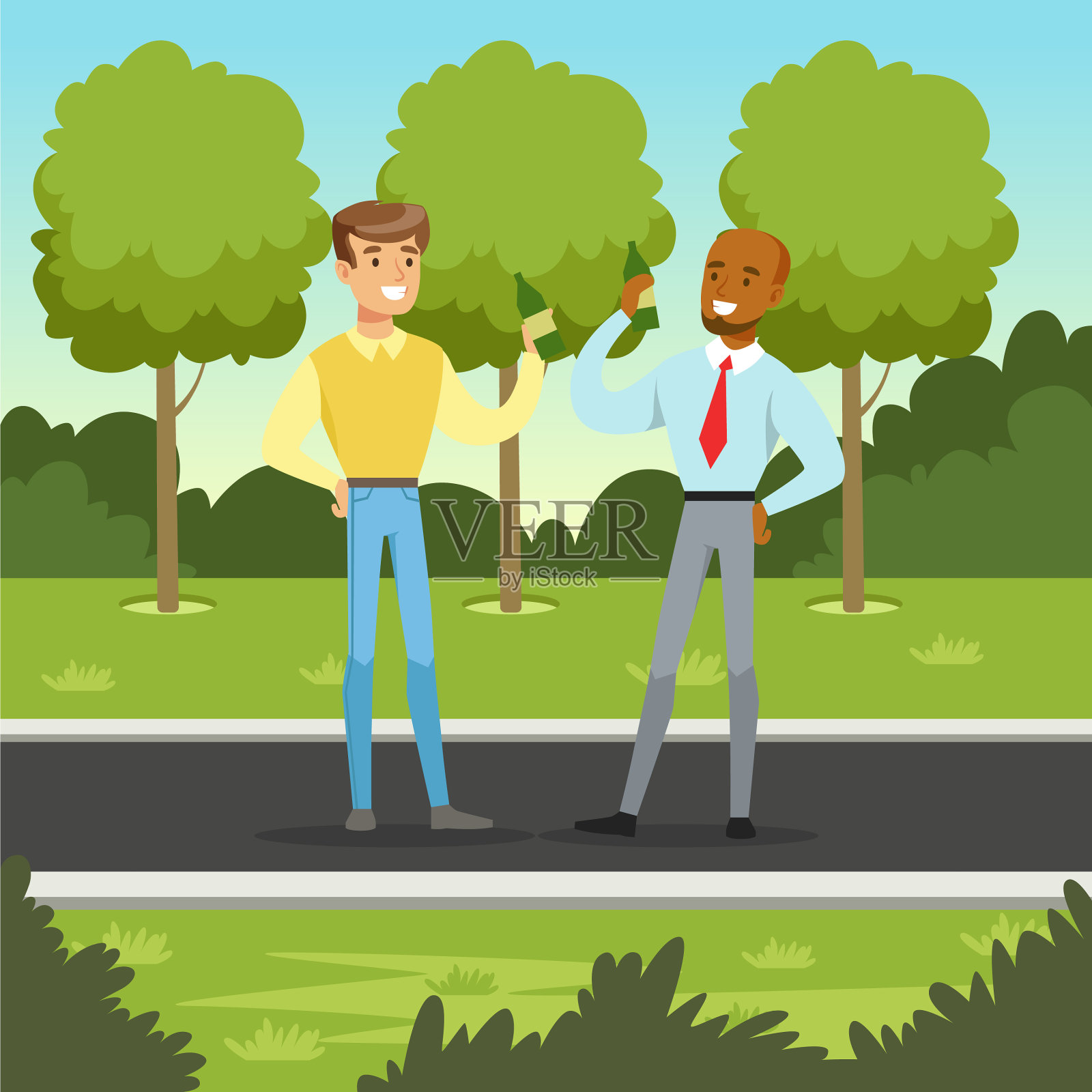 两个男性朋友或同事在公园见面插画图片素材
