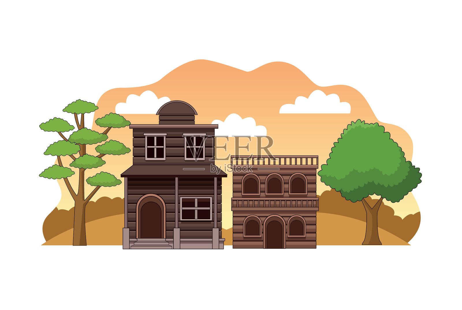 有木制建筑的西部城镇插画图片素材