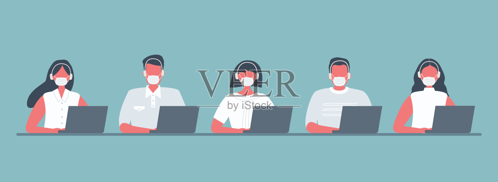 冠状病毒疫情期间呼叫中心工作人员插画图片素材