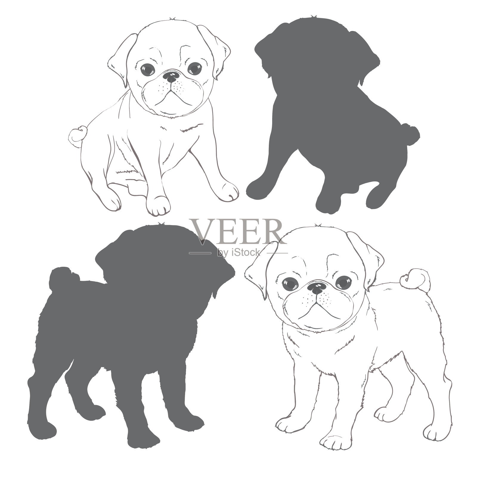 一组图像的哈巴狗孤立的物体上的白色设计元素图片