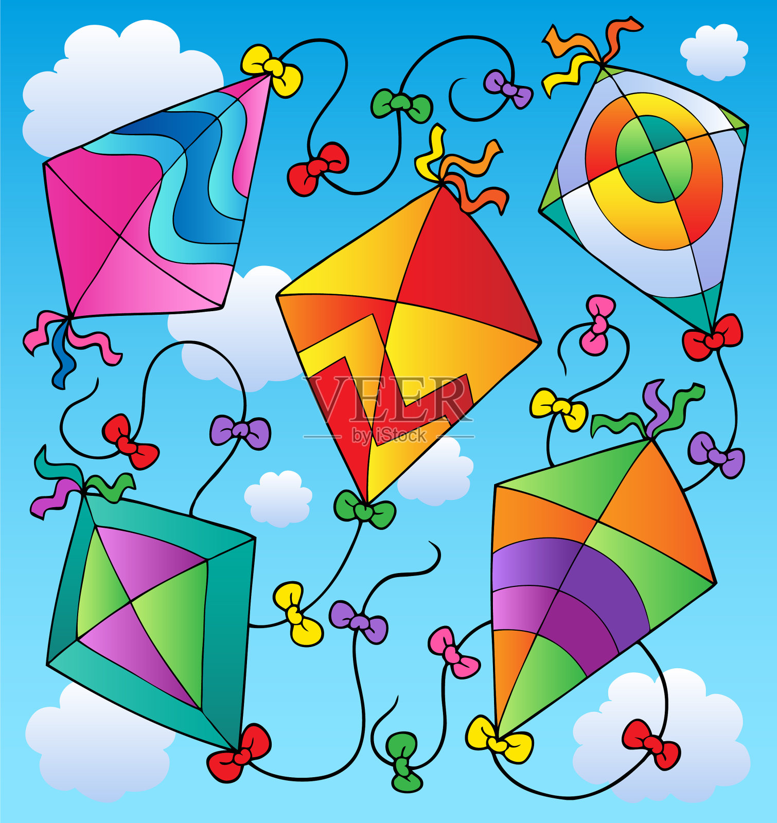蓝天上各种各样的风筝插画图片素材