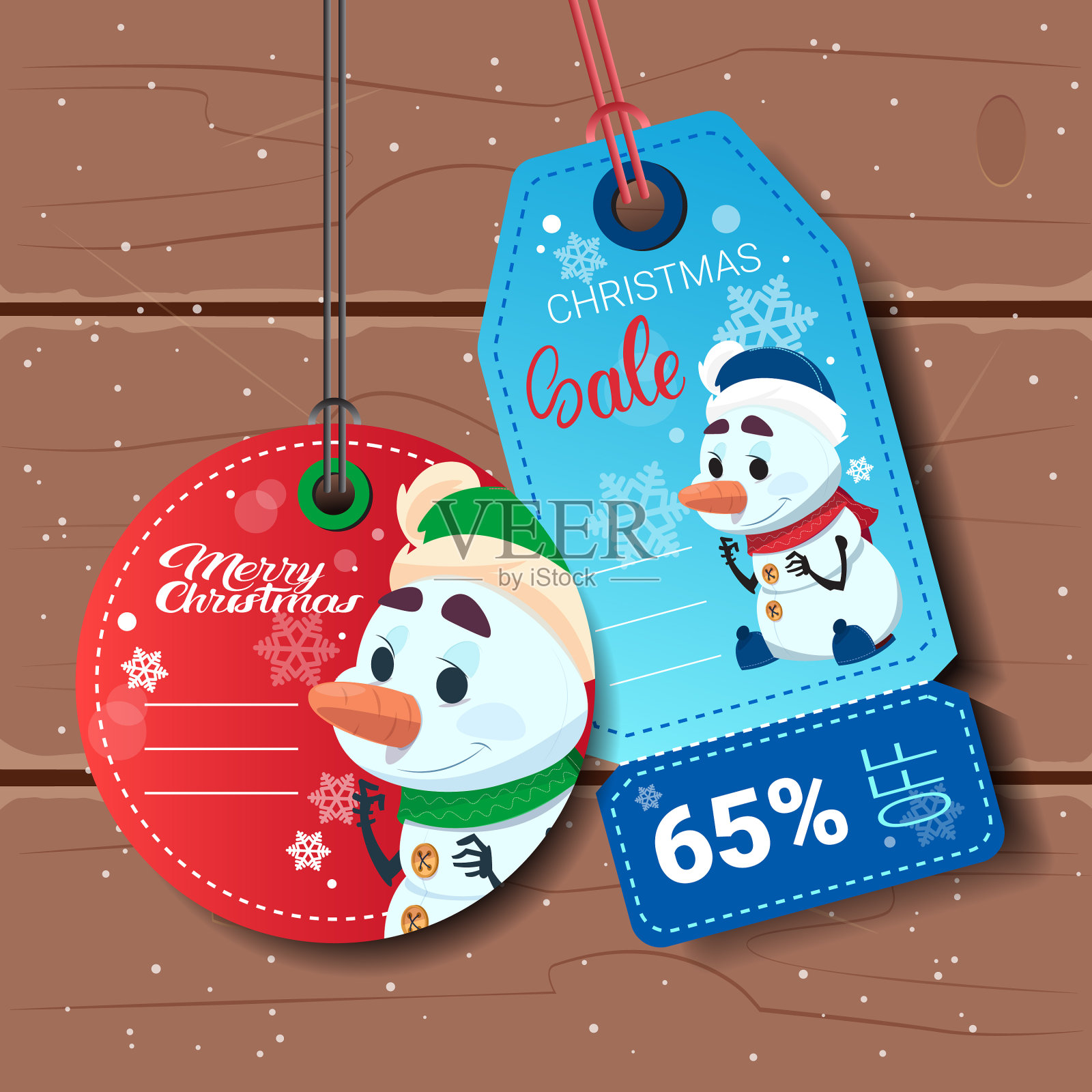 新年销售标签与雪人木制纹理设计元素图片