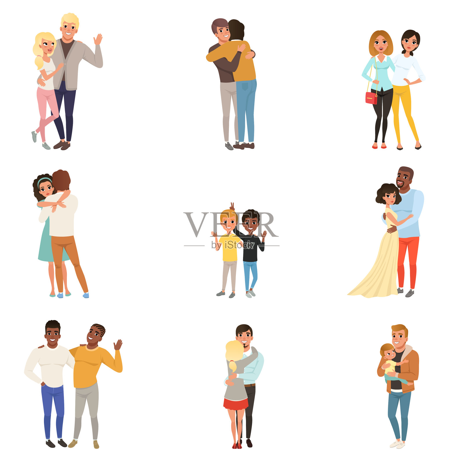 一组拥抱的人在不同的姿势姐妹插画图片素材