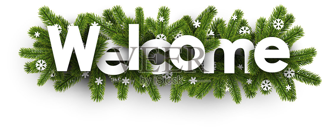 欢迎用云杉树枝挂起的横幅插画图片素材