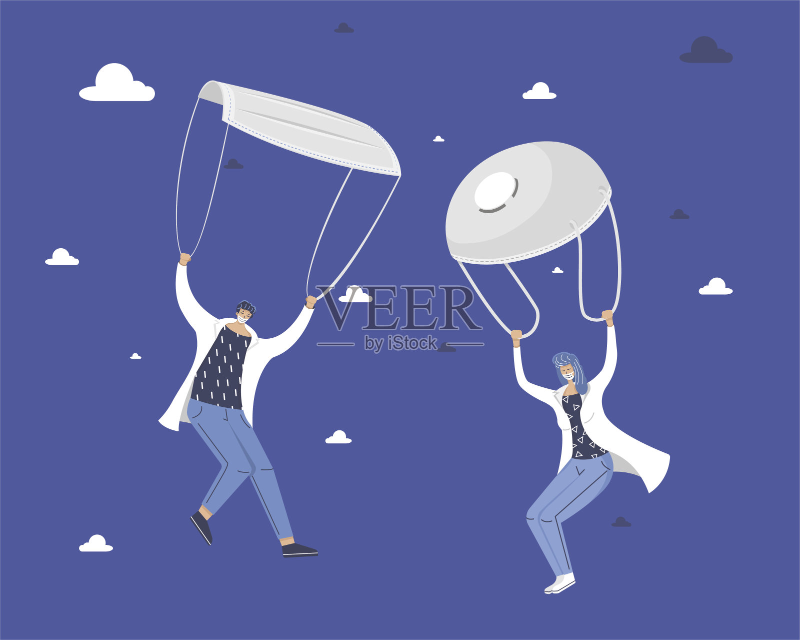 医生们用降落伞降落。警和面具插画图片素材
