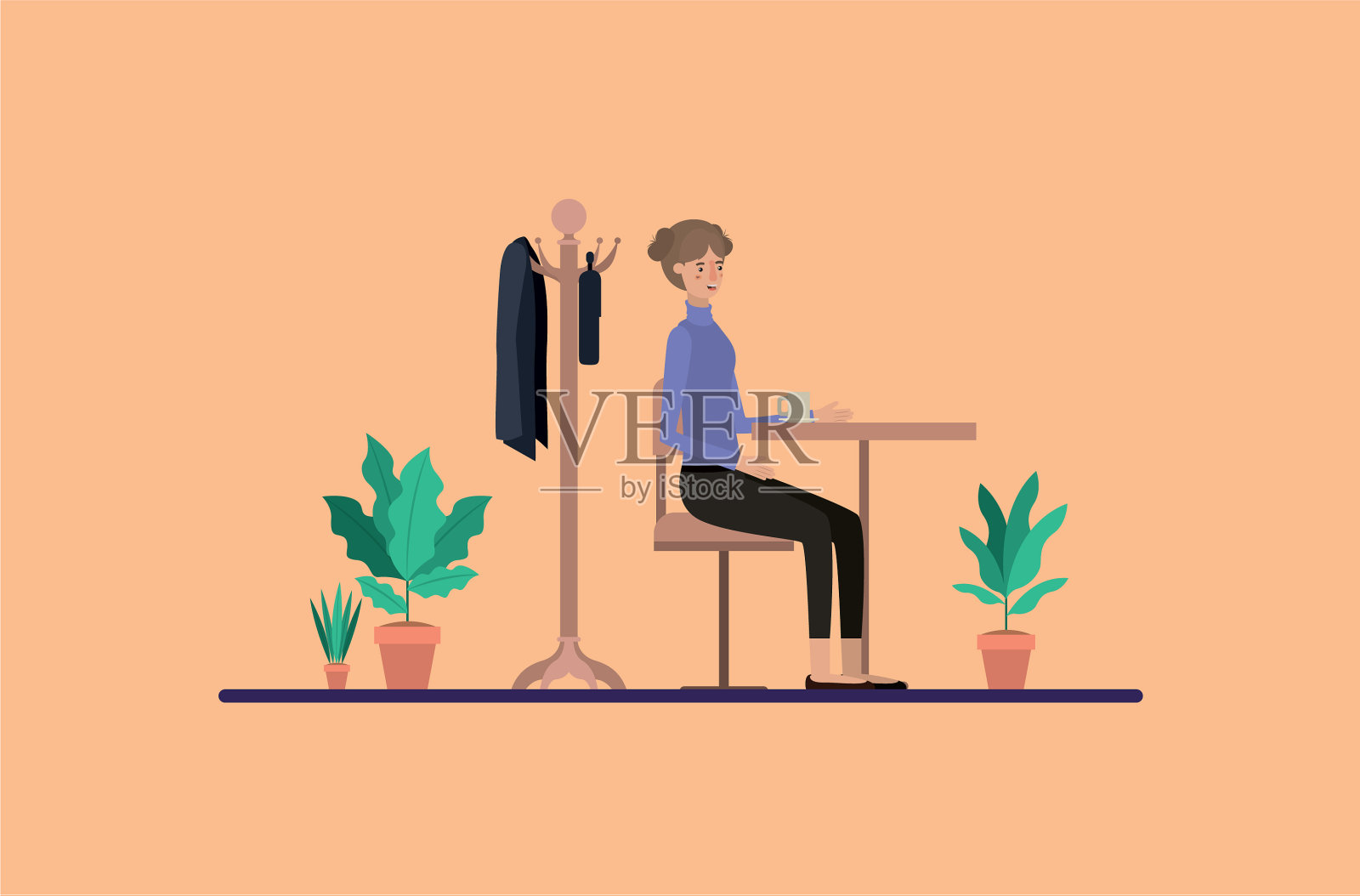 年轻女子在餐厅喝咖啡插画图片素材