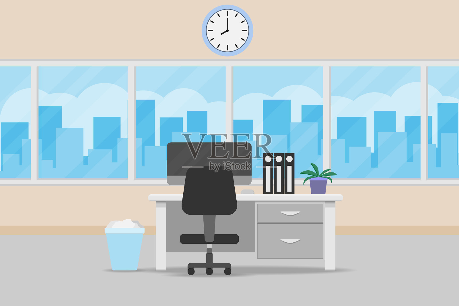 室内办公室设有书桌和窗户插画图片素材