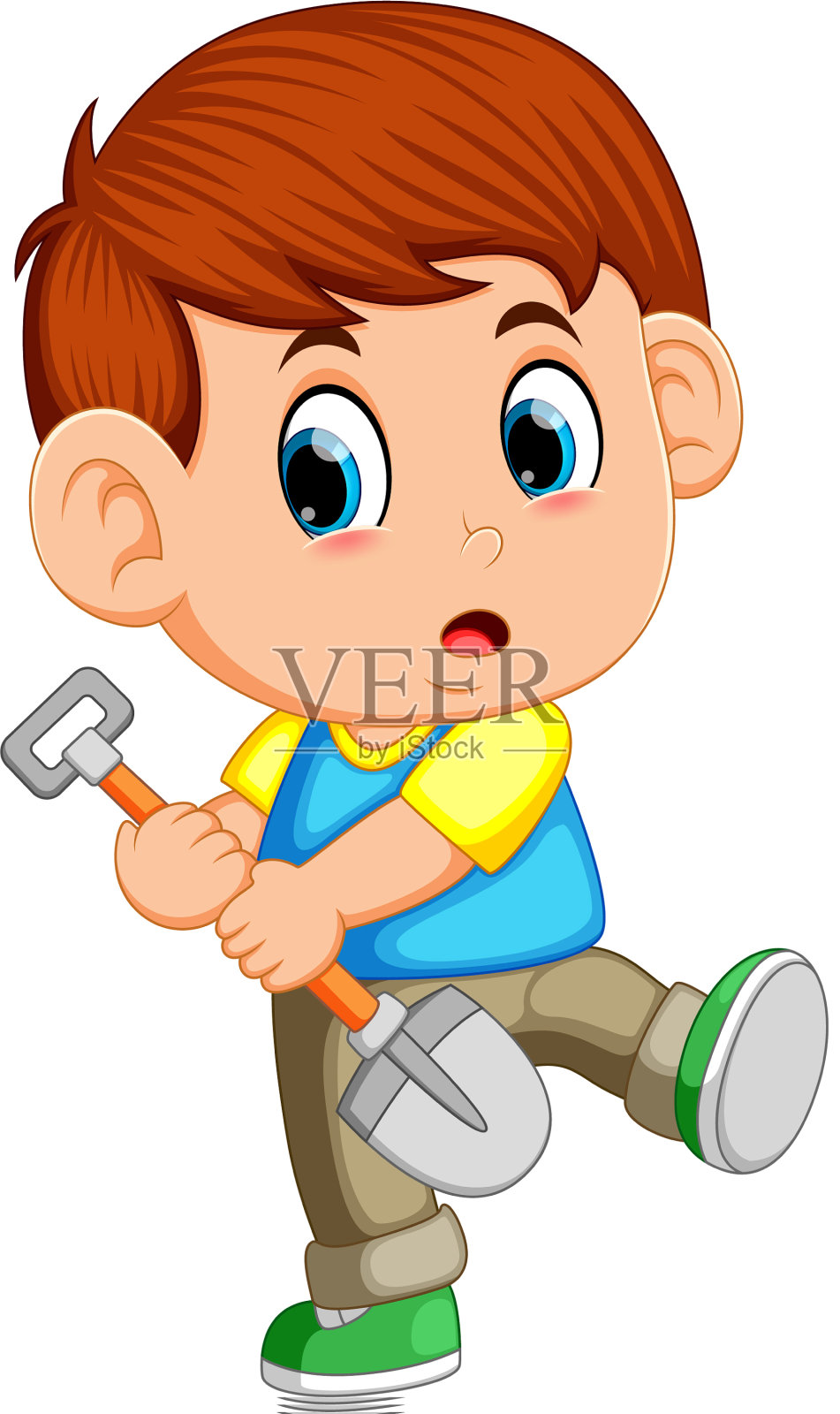 男孩假装用干净又没用过的铲子挖设计元素图片