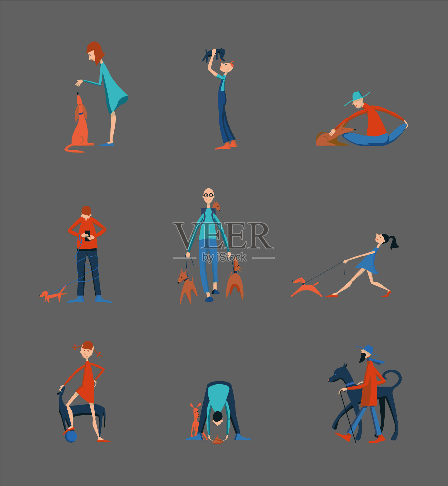 人们遛狗、玩狗插画图片素材