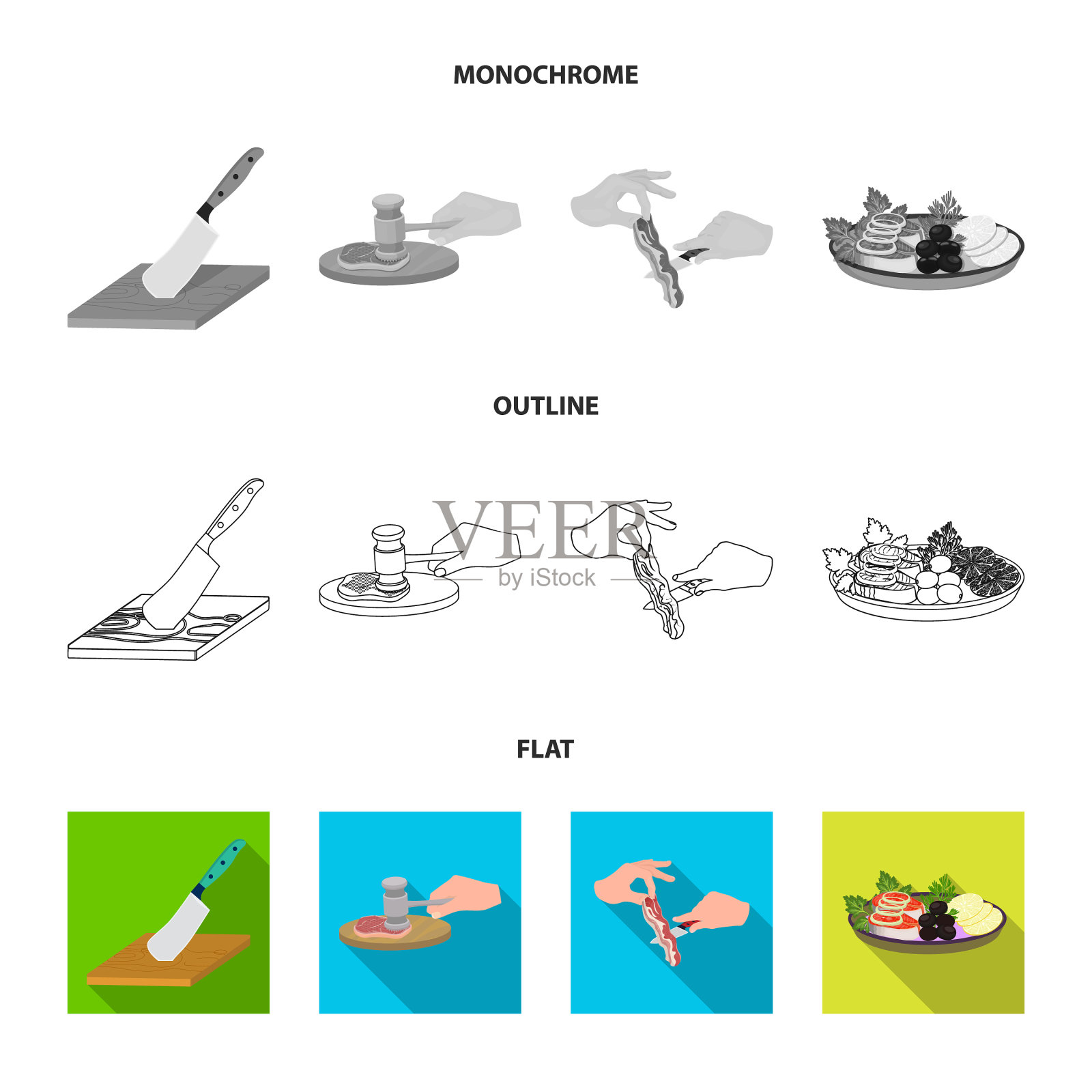 切菜板上的弯刀，用来做排骨的锤子插画图片素材