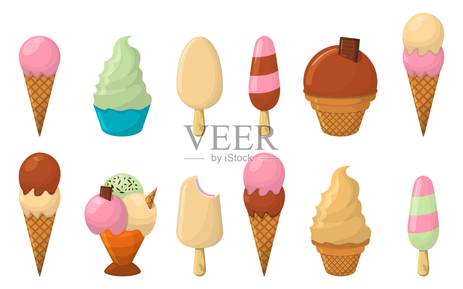 一套冰淇淋卡通图标夏季圣代标志图标素材