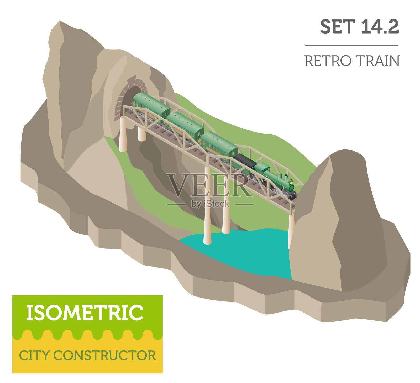 三维等距复古铁路与蒸汽机车插画图片素材