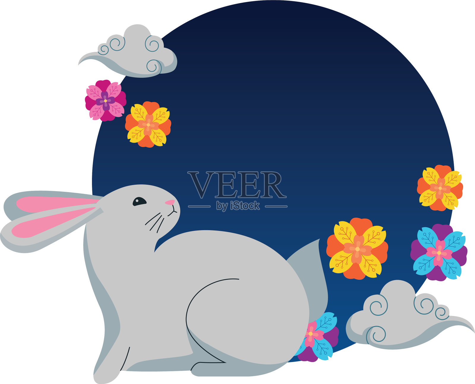 兔子与花和云插画图片素材