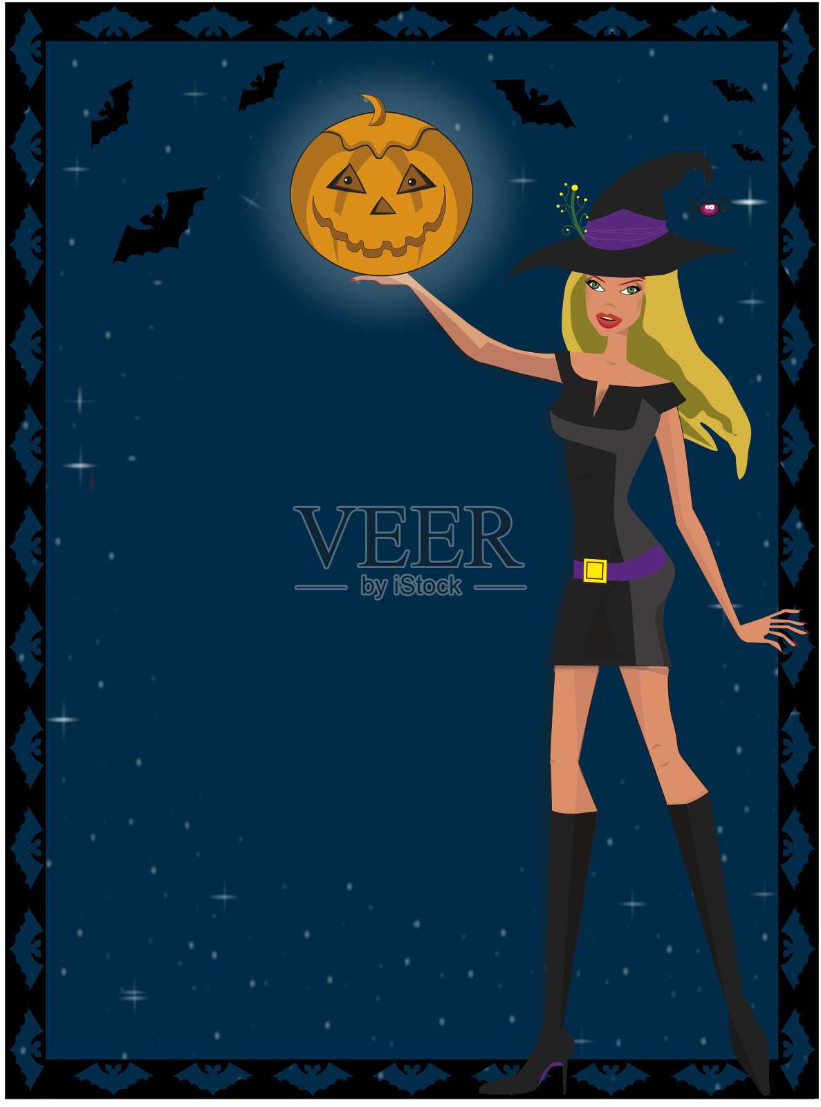 可爱的绿眼睛金发女巫穿着短裙插画图片素材