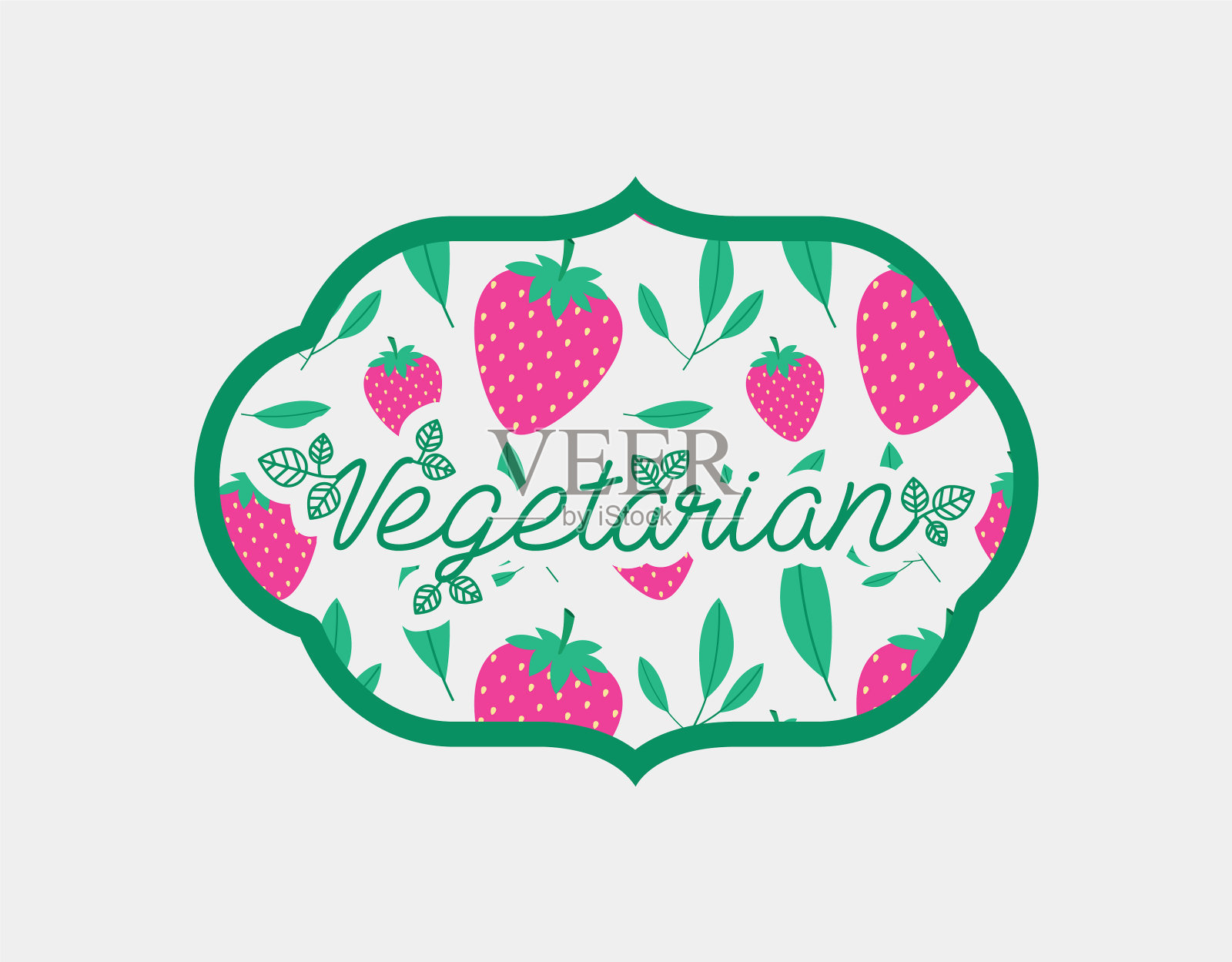 框架与叶子和草莓的素食食物插画图片素材