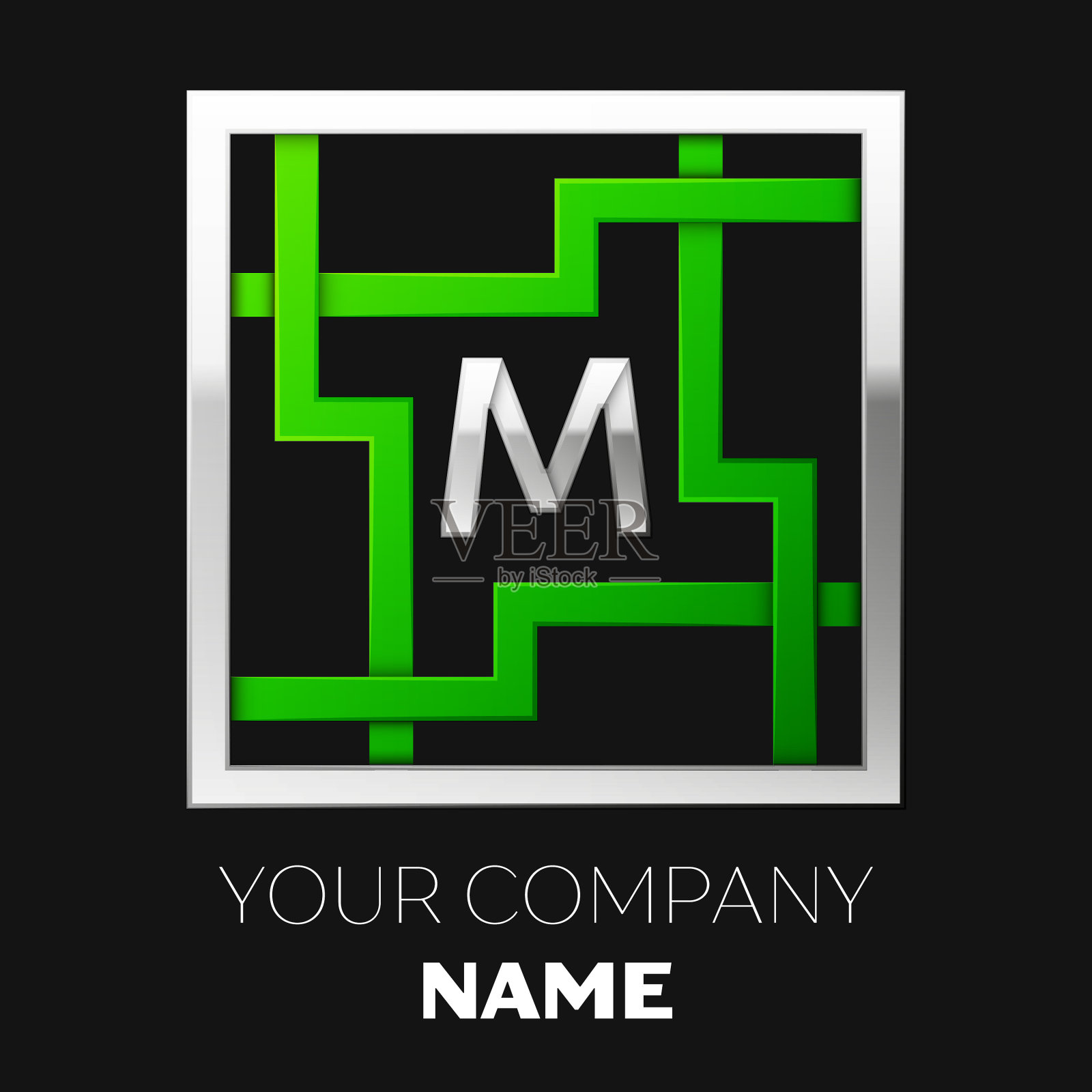 银色字母m标志在方形迷宫中插画图片素材