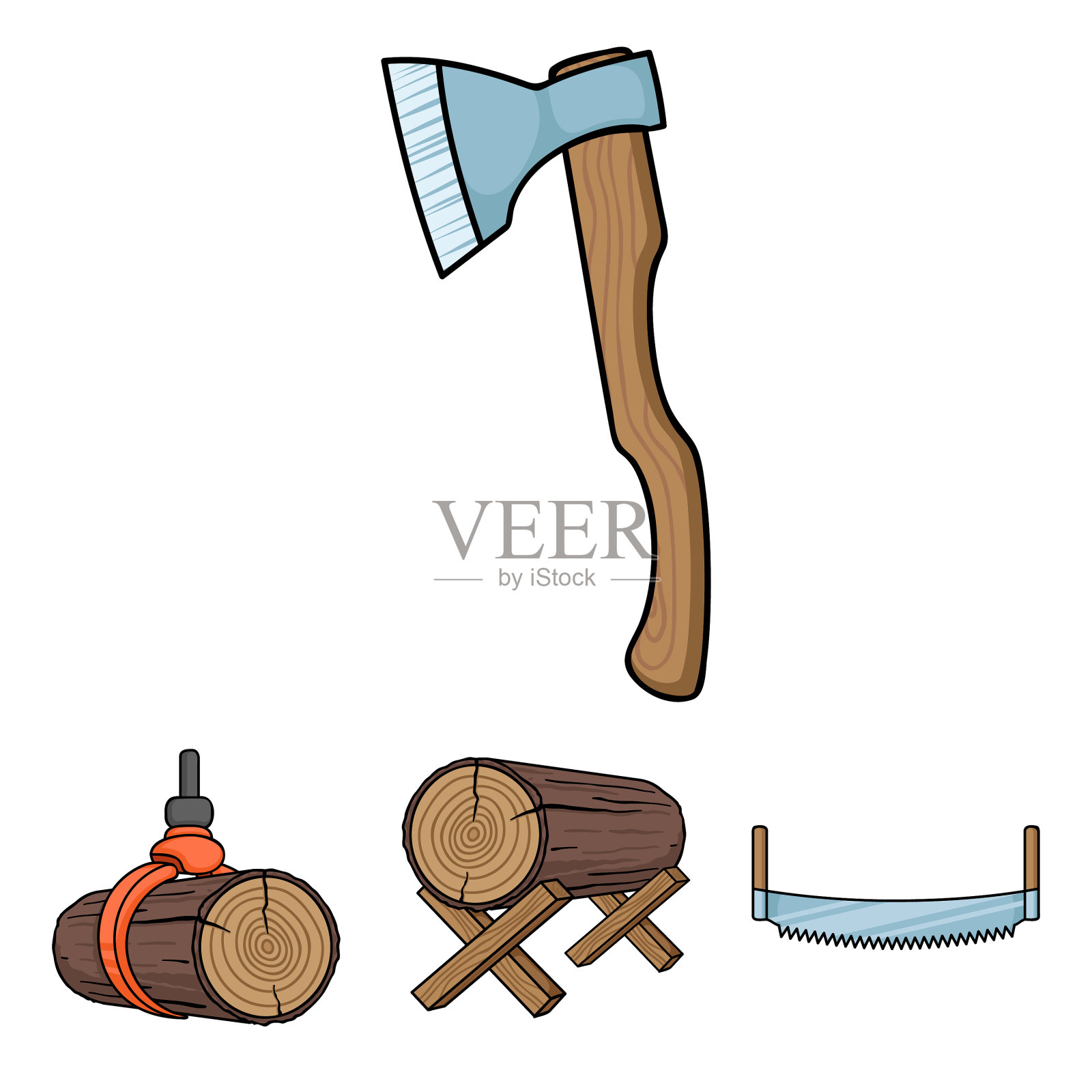 原木支撑双手锯斧提升原木插画图片素材