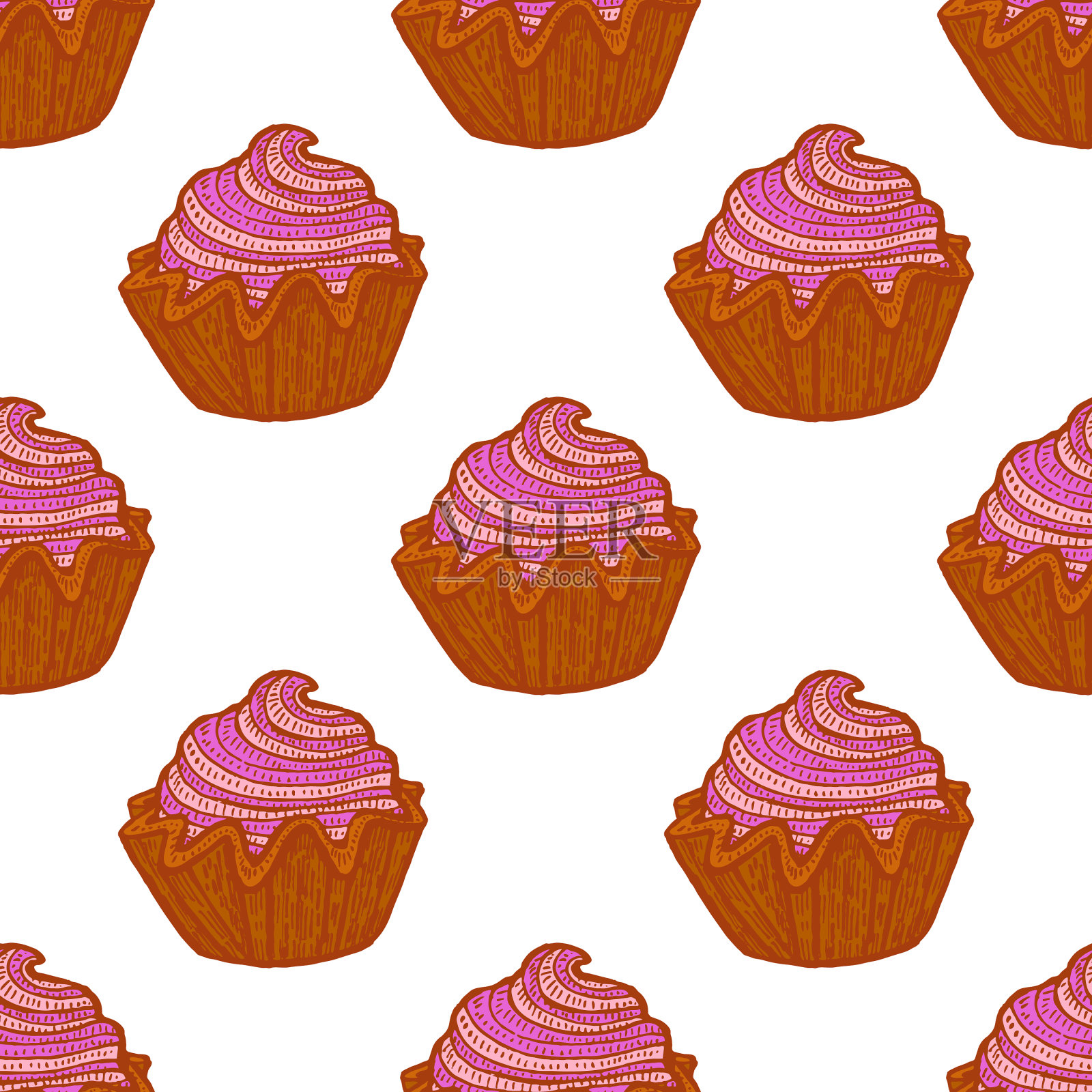 彩色无缝图案与纸杯蛋糕在手插画图片素材