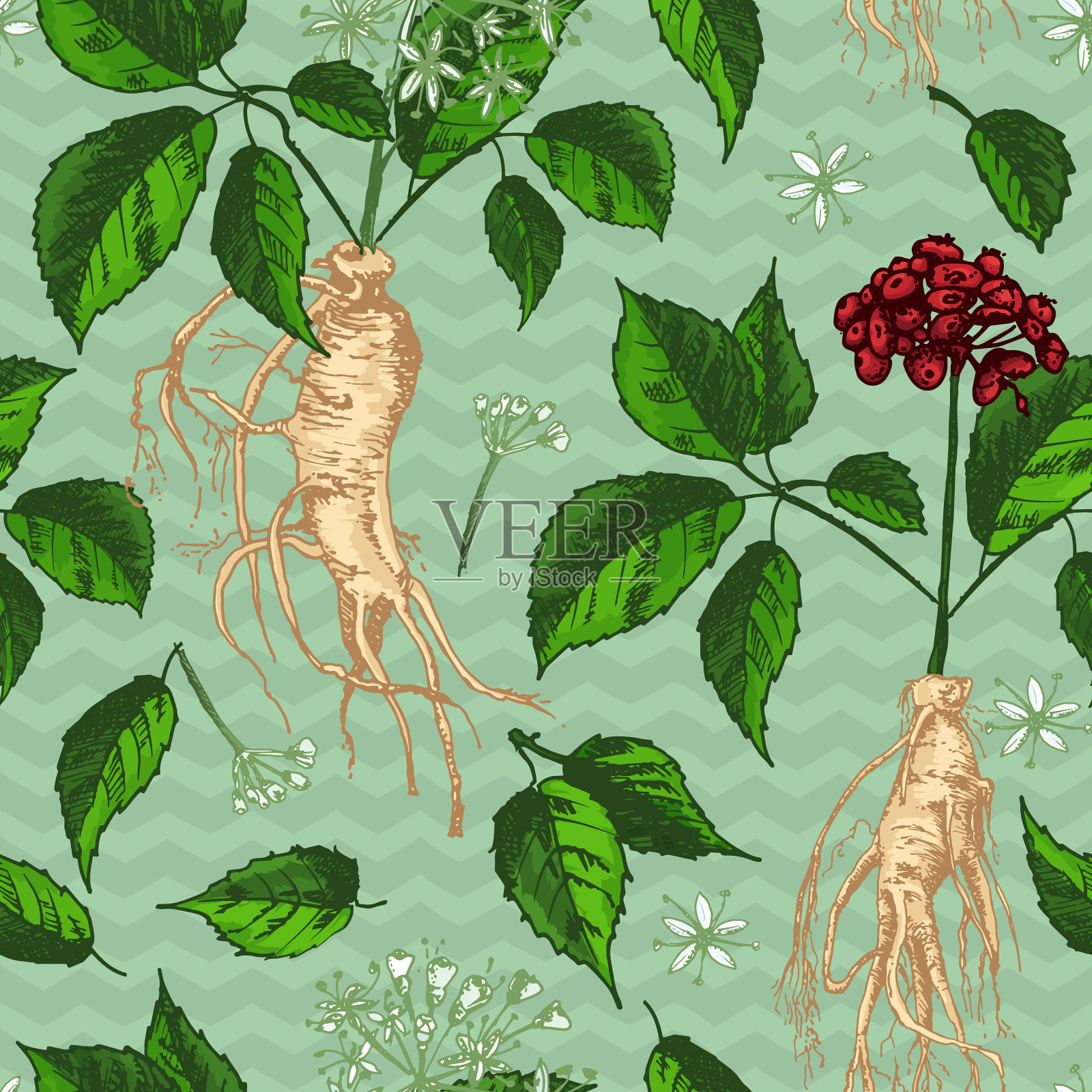 写实植物水墨素描无缝色彩插画图片素材